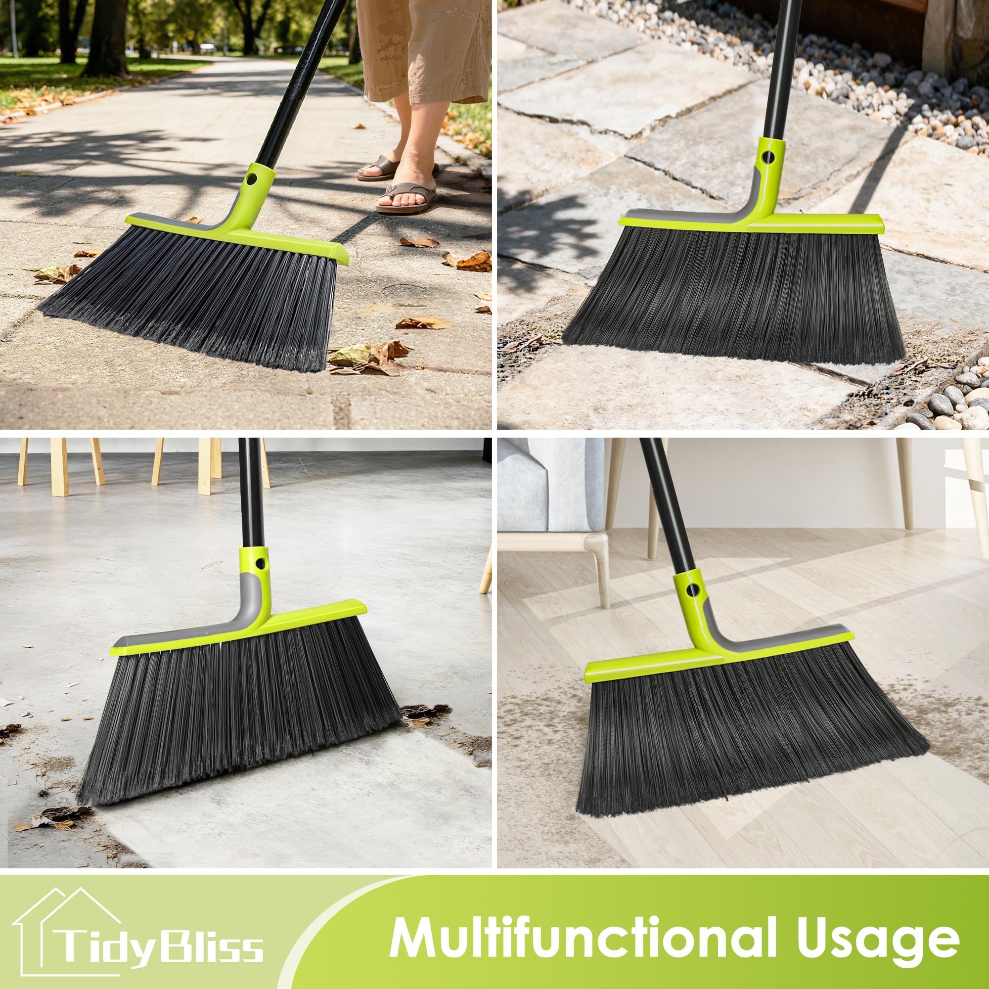 TidyBliss Outdoor Broom Heavy Duty, 56 inches Tall Commercial Soft Bristle Angle Brush for Sweeping Outside Patio Garden Porch Deck Shop Restaurant Garage House Lobby Hardwood Floors (Green)