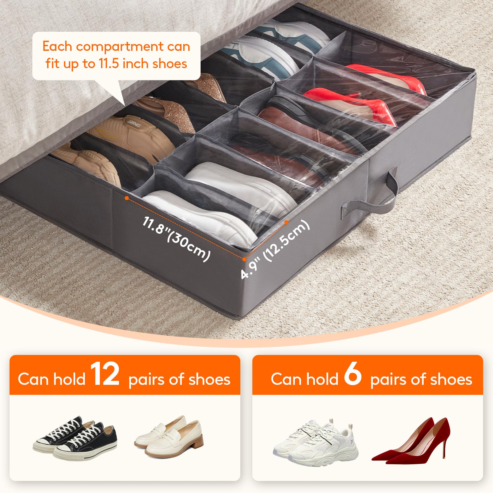 Lifewit Under Bed Shoe Storage Organizer for Closet, Underbed Storage Container Box with Clear Cover See Through Window Fabric Storage Bins with 2 Handles Total Fits 24 Pairs of Shoes, 2 Pack, Grey
