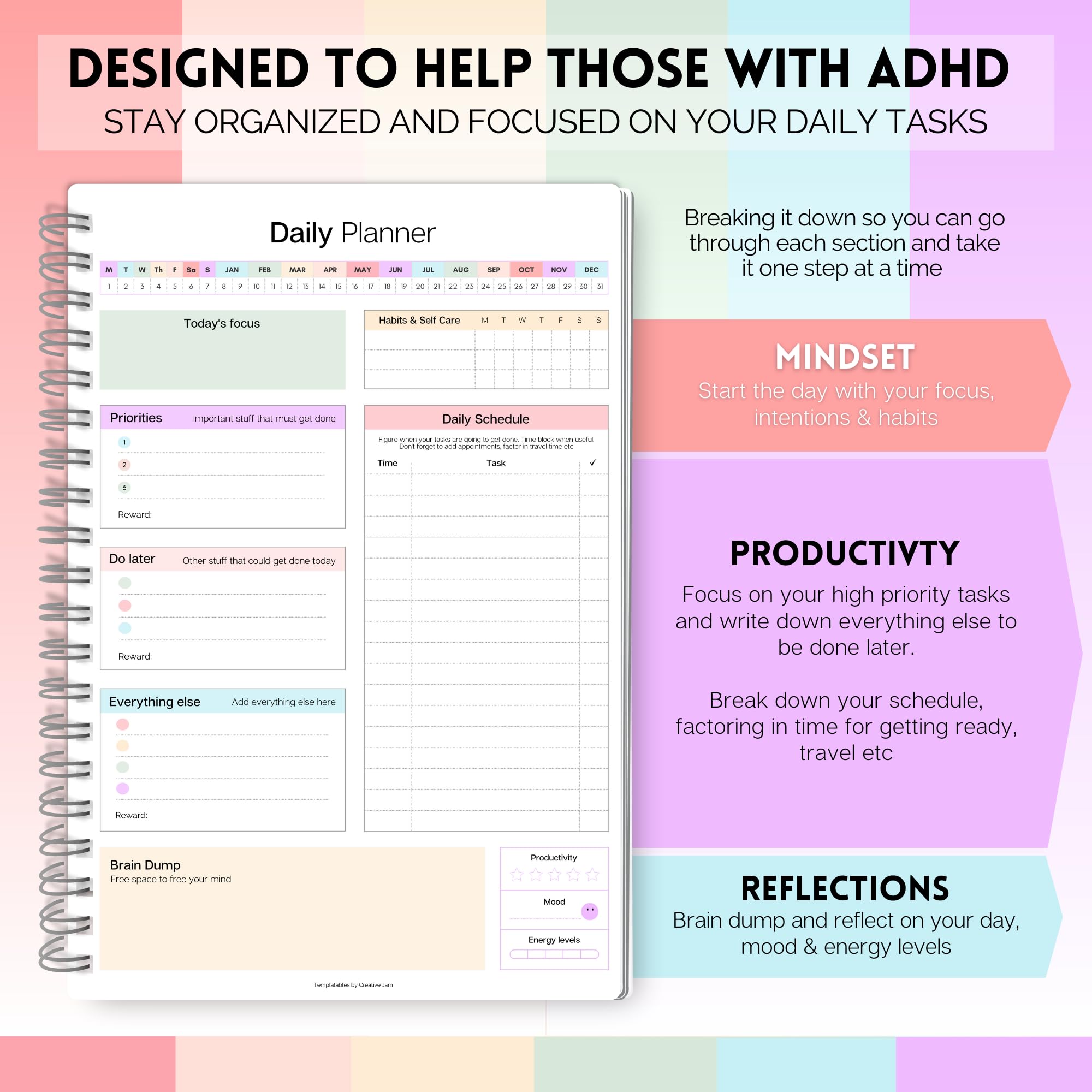 ADHD Daily Planner for Neurodivergent Adults - Productivity Daily Planner & Task Management to Stay Organized and Focused - A5 Pastel Rainbow