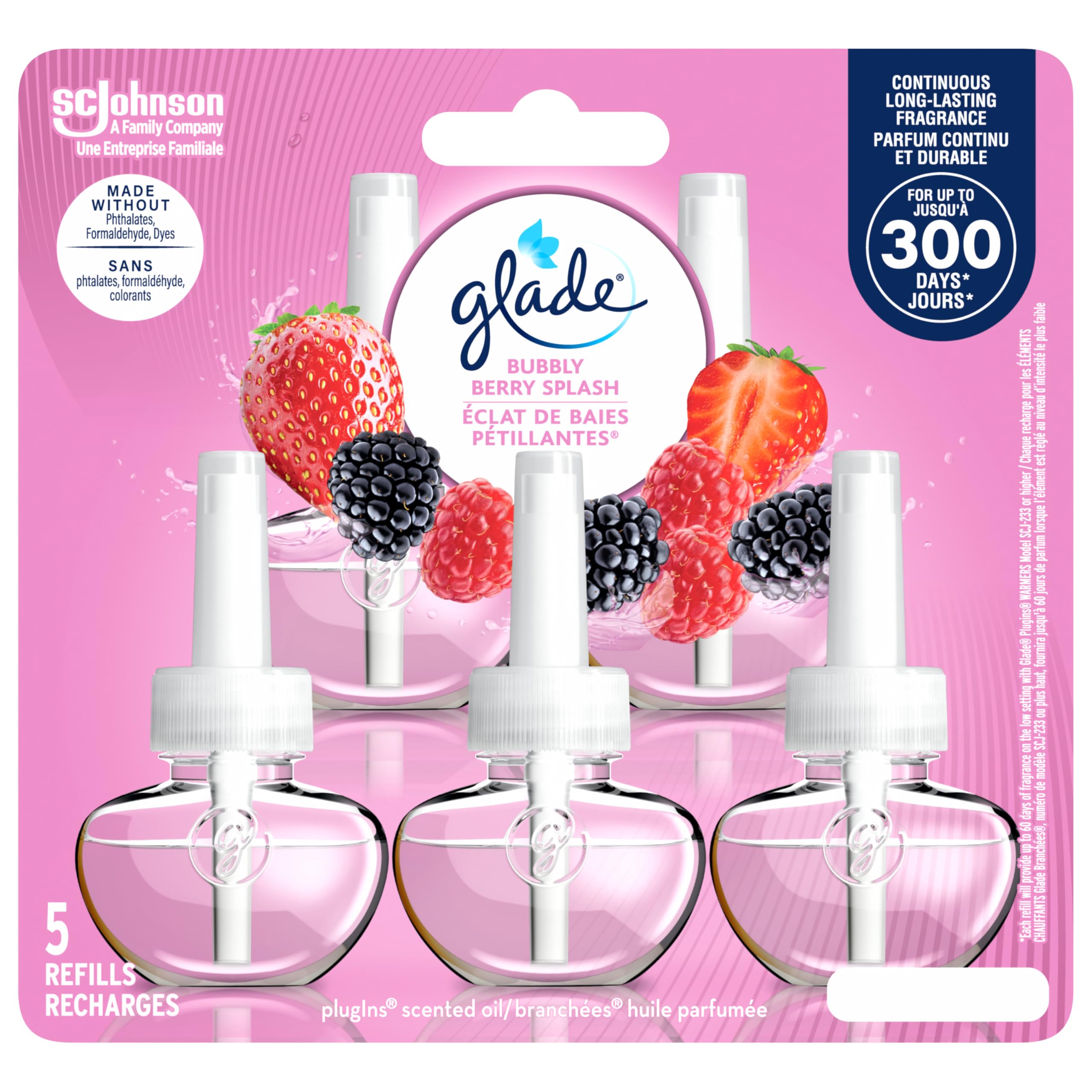 Glade PlugIns Air Freshener Refill, Scented and Essential Oils for Bathroom and Home Fragrance, Bubbly Berry Splash, 5 Count