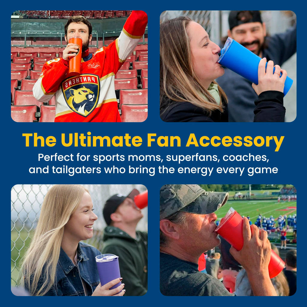 The LoudCup Blow Horn Tumbler, 2-in-1 Cheer & Sip Reusable Water Bottle with Built-In Horn for Sports Games, Tailgates & Parties, BPA-Free, 23 oz, Royal Purple