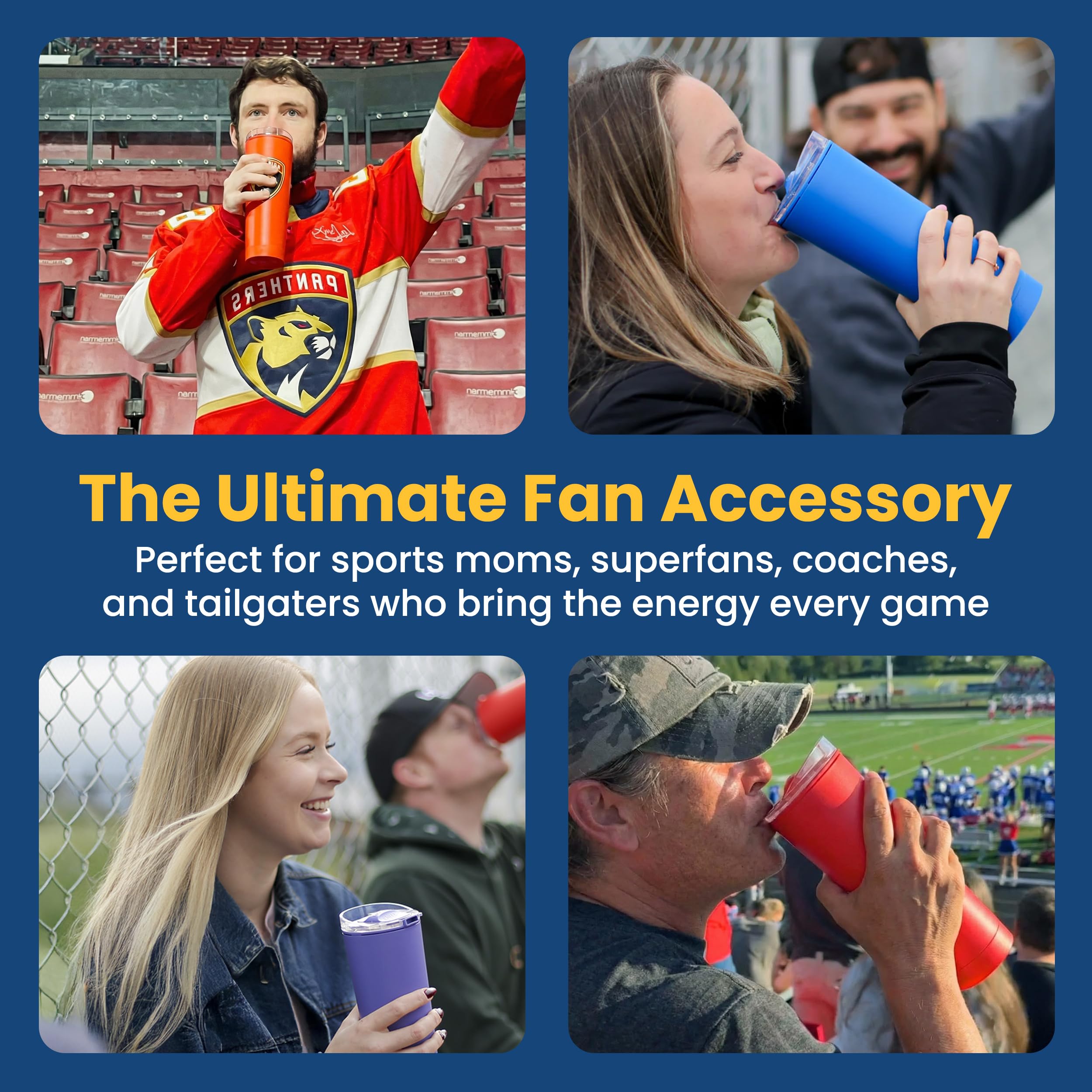 The LoudCup Blow Horn Tumbler, 2-in-1 Cheer & Sip Reusable Water Bottle with Built-In Horn for Sports Games, Tailgates & Parties, BPA-Free, 23 oz, Royal Purple