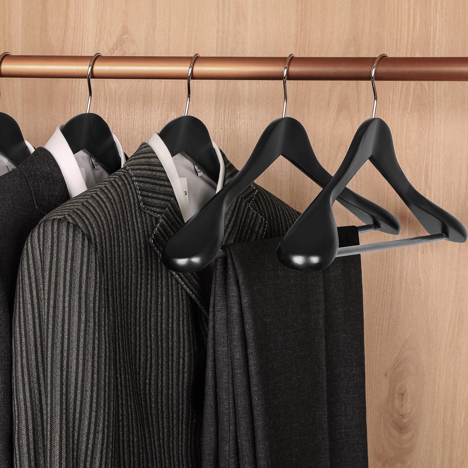 TOPIA HANGER Wide Shoulder Wooden Hangers, Suit Hangers with Non Slip Pants Bar & 360° Swivel Hook, Solid Wood Heavy Duty Coat Hanger, 6 Pack (Matte Black)-CT02B