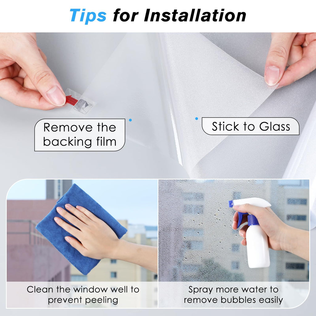 Haton Window Films for Privacy, Static Cling Frosted Glass Film, Sun Heat Blocking Privacy Window Tint, Anti-Glare Removable Frosting Sticker Covering for Home Bathroom, Pure 60 x 200cm