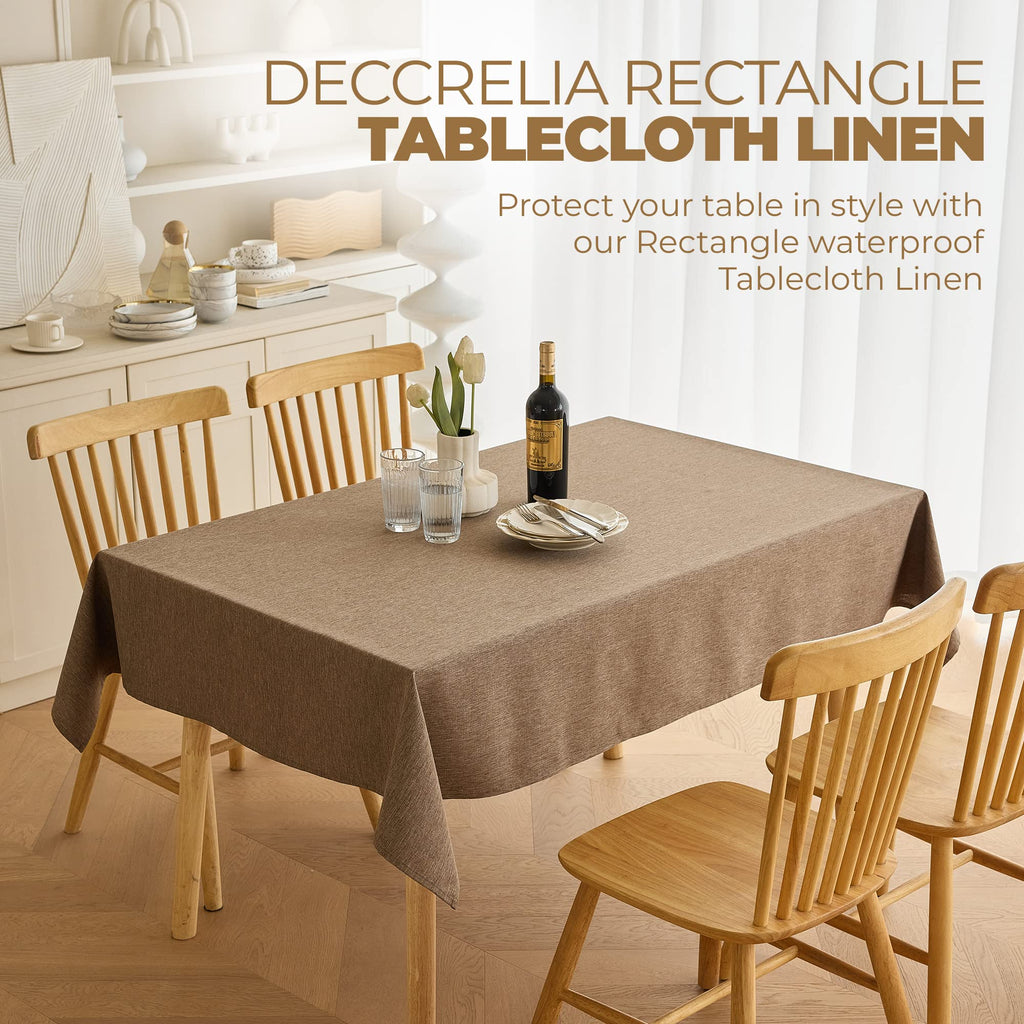 Decorelia Waterproof Rectangular Linen Tablecloth for Dining Room, Rustic Farmhouse Tablecloth for Room Decor, Tablecloth for Party, Wedding, Picnics, Patio(Oblong, 52 x 70 inch (Rectangular), Coffee)