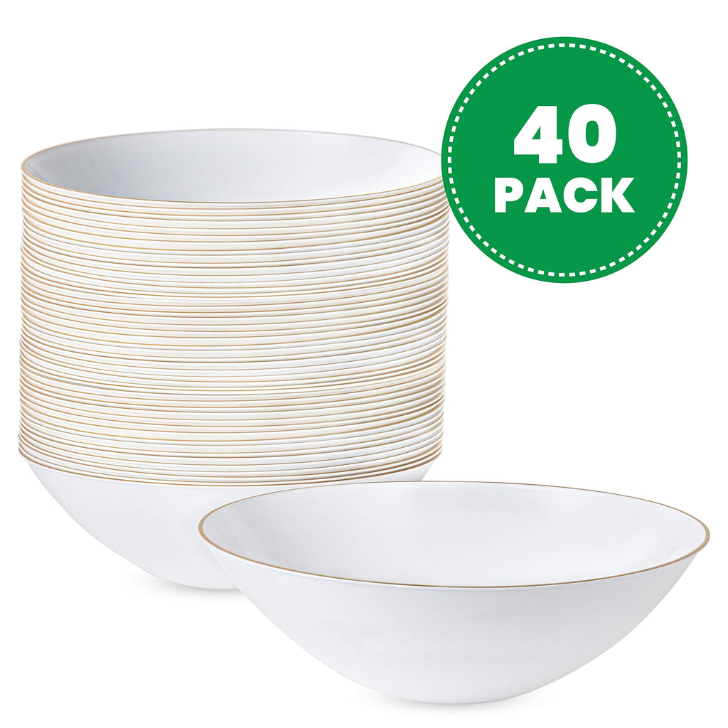 [16 OZ 40 Count] White Plastic Floral Design Party Soup bowls With Gold Rim Premium heavyweight Elegant Disposable Tableware Dishes