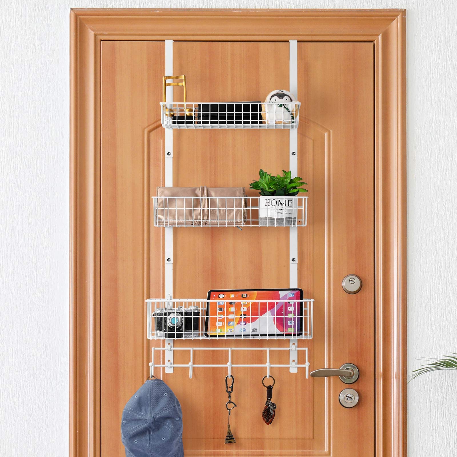 OYEAL Over The Door Basket Organizer 3 Tier Hanging Kitchen Storage Rack Heavy Duty Pantry Organizer with 3 Basket and 5 Hooks Door Back Metal Wire Basket for Kitchen, Bathroom, Office, White