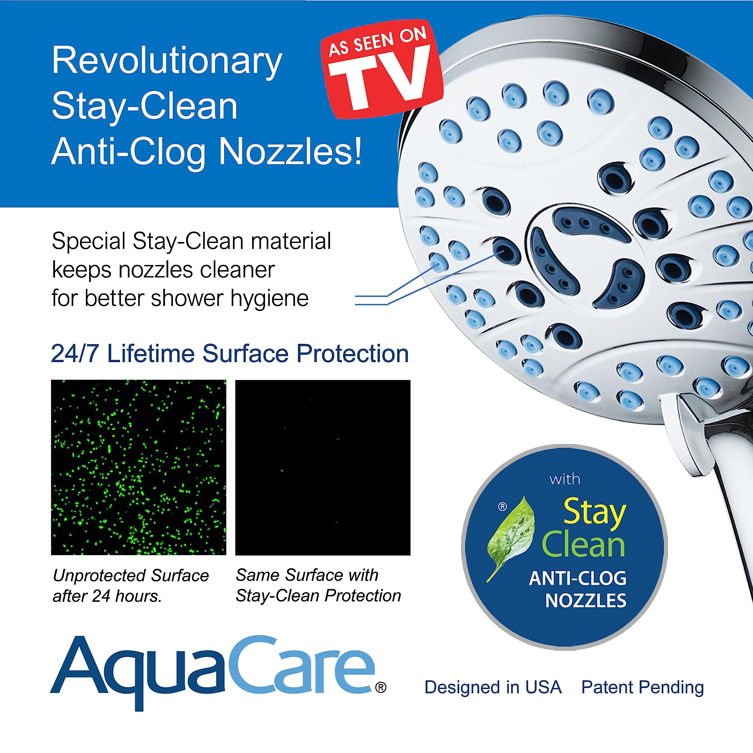 AquaCare High Pressure 8-Mode Handheld Shower Head - Anti-Clog Nozzles, Built-in Power Wash to Clean Tub, Tile & Pets, Extra Long 6 ft. Stainless Steel Hose, Wall & Overhead Brackets