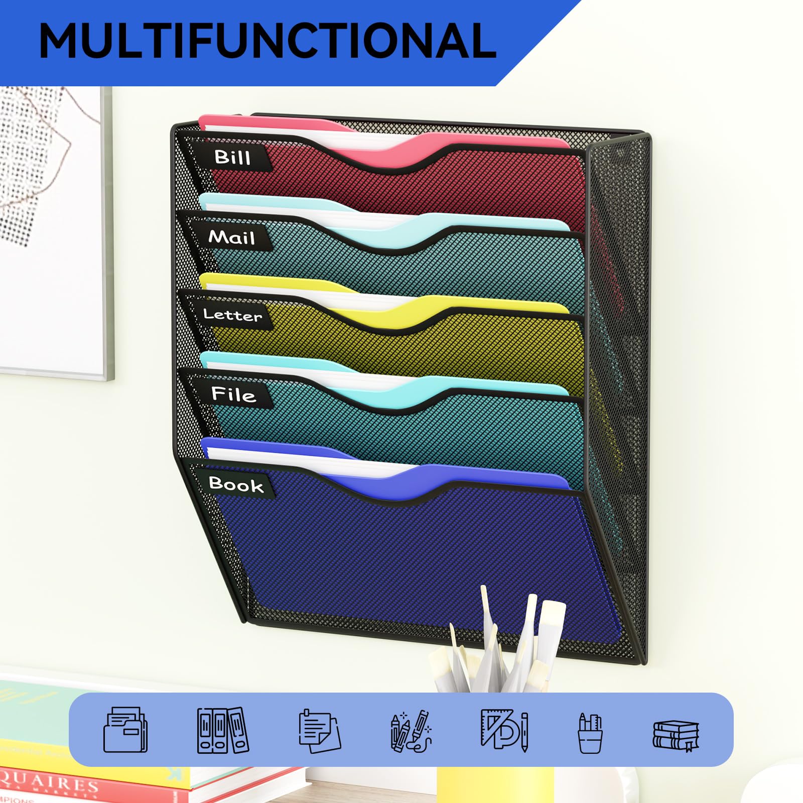 GDINDINFAN 5 Pockets Mesh Hanging Wall File Holder Organizer Wall Mounted Paper Magazine Rack, Black