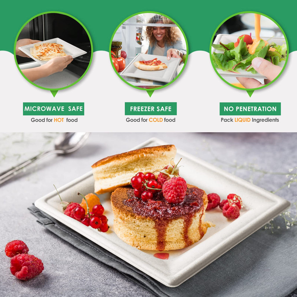 Gezond Compostable Square Plates 10 Inches, 100pcs Disposable Paper Plates, Eco-Friendly Heavy Duty Biodegradable Sugarcane Plates for Party, White