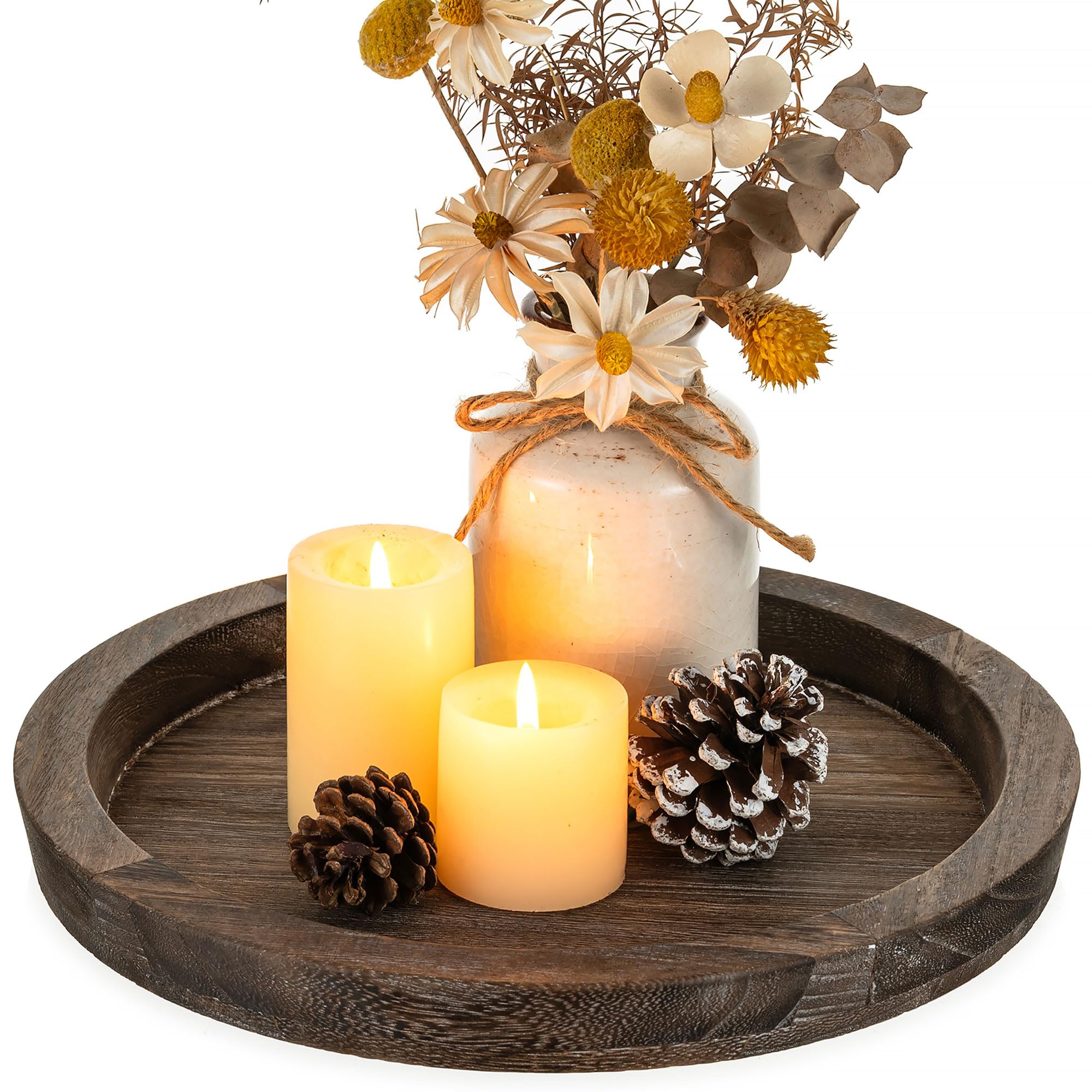 Hanobe Rustic Wooden Serving Tray: Round Wood Butler Decorative Tray Vintage Centerpiece Candle Holder Trays Farmhouse Ottoman Tray for Kitchen Countertop Home Decor for Coffee Table