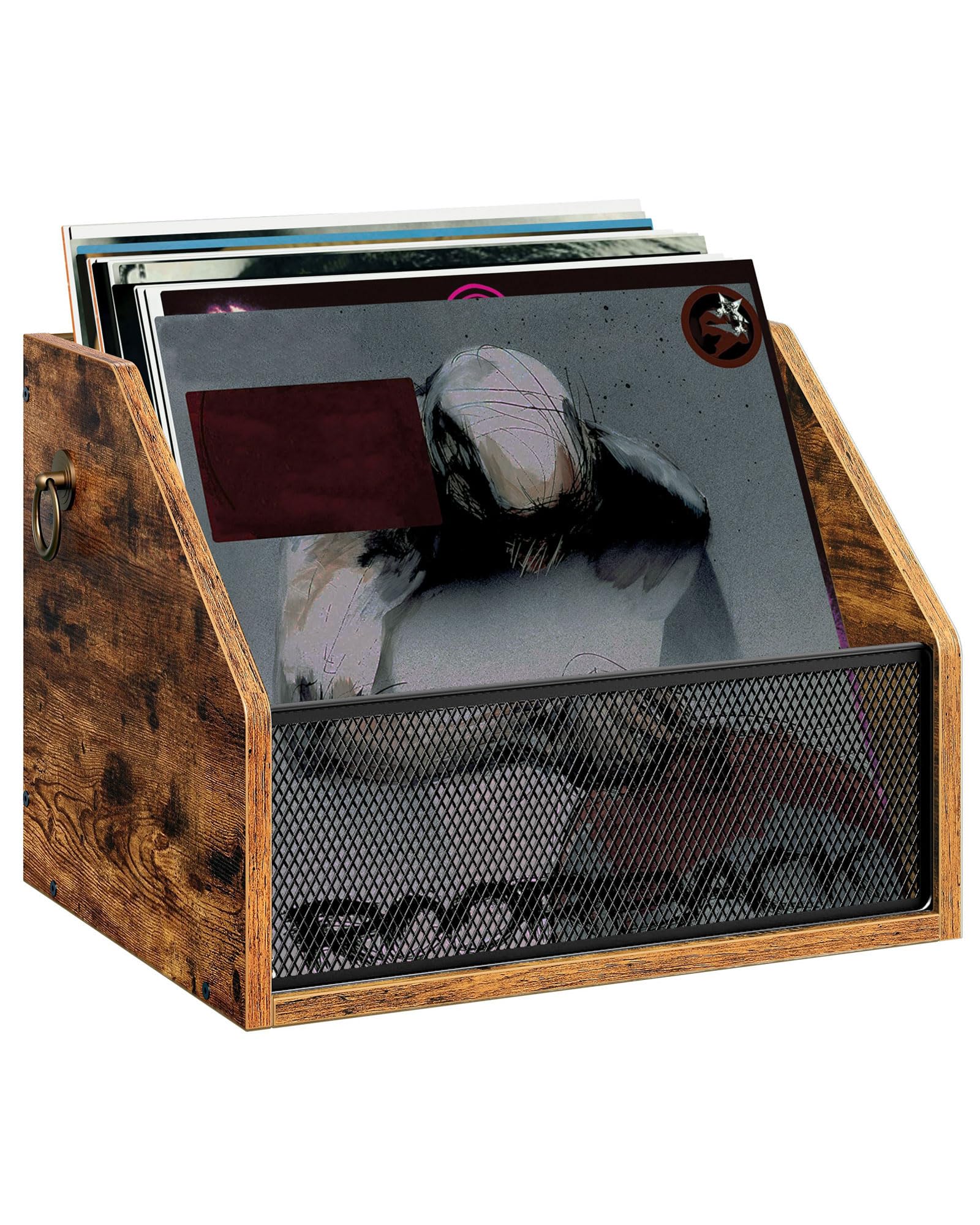 CHOEZON Vinyl Record Storage Wall Mount, Vintage Record Display Holder, Vinyl Album Crate, LP Display Shelf, Metal Mesh Front and Pull Rings for LP, Photo Albums, Files, Rustic Brown MCW28BF
