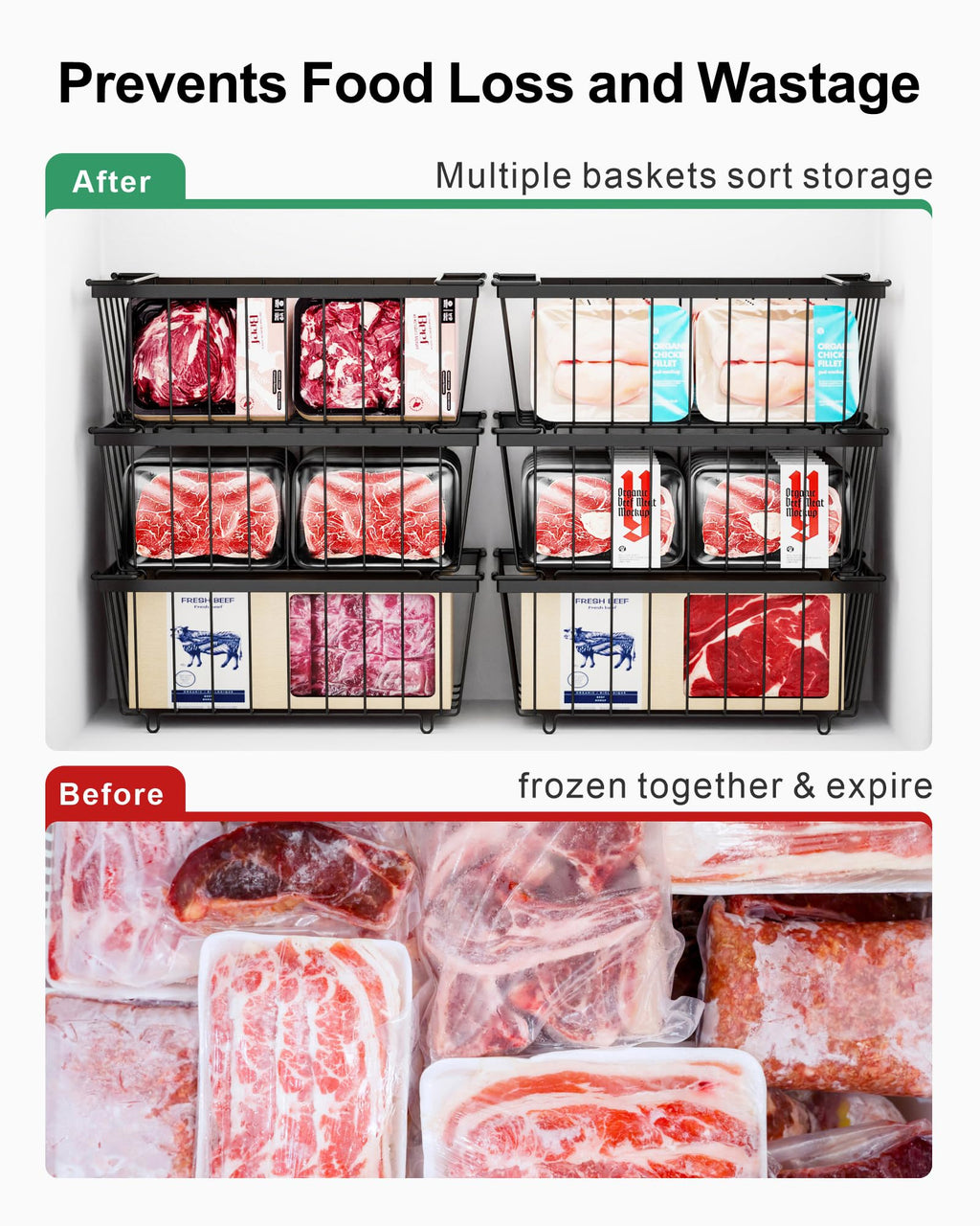 iSPECLE Chest Freezer Organizer for 5 to 7 Cu.Ft Deep Freezer, 4 Pack Stackable Wire Baskets to Sort Frozen Food, Storage Bins with Handles for Single Column Stacking, Black