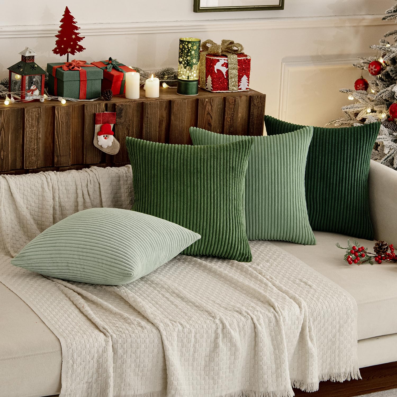 MIULEE Pack of 4 Green Corduroy Decorative Throw Pillow Covers 18x18 Inch Soft Boho Striped Pillow Covers Modern Farmhouse Home Decor for Sofa Living Room Couch Bed