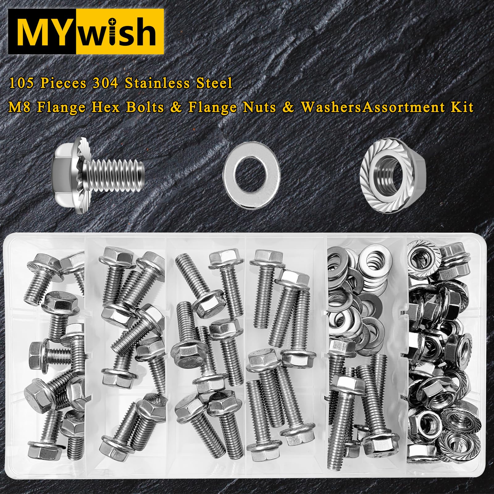 105Pcs M8x1.25 Bolt x 16/20/25/30/35mm Flanged Hex Head M8 Bolt, M8 Screws 304 Stainless Steel Nuts and Bolts Assortment Kit, DIN 6921, Serrated Metric Bolt Assortment by Mywish