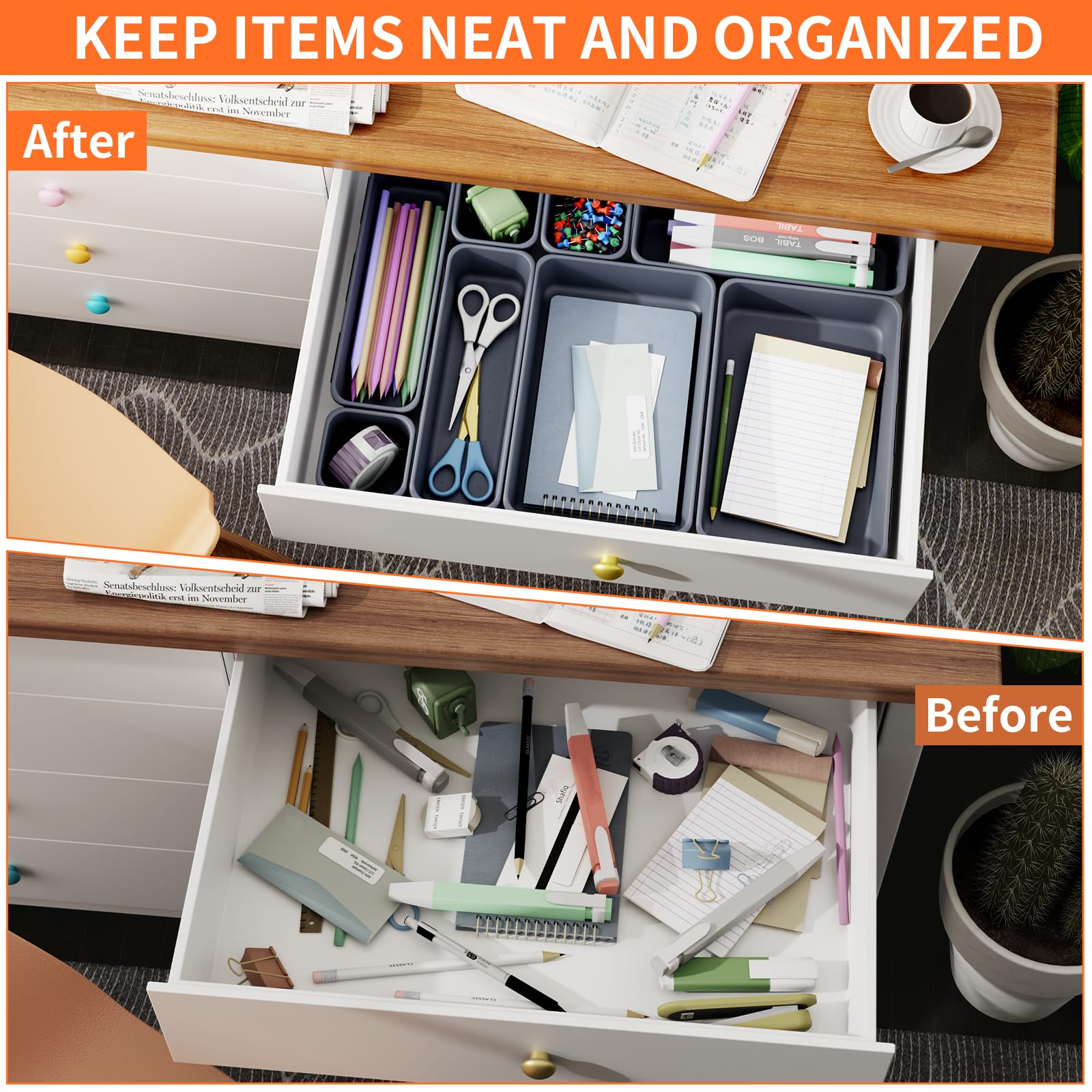 Giklux 45 Pack Grey Plastic Drawer Organizers, 3 Sizes, Office, Kitchen, Bathroom, Vanity, Makeup, Gadget Trays