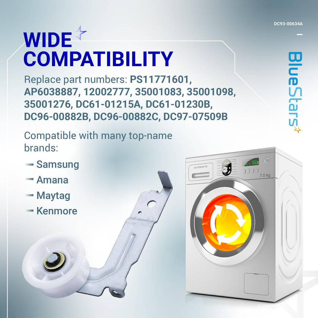 [Upgraded Dual Ball Bearings] BlueStars DC93-00634A Dryer Idler Pulley with Sturdy Clip – Compatible with Samsung Dryers DV45H7000EW DV48H7400EW DV42H5000EW DV48J7700EW DC96-00882C AP4373659