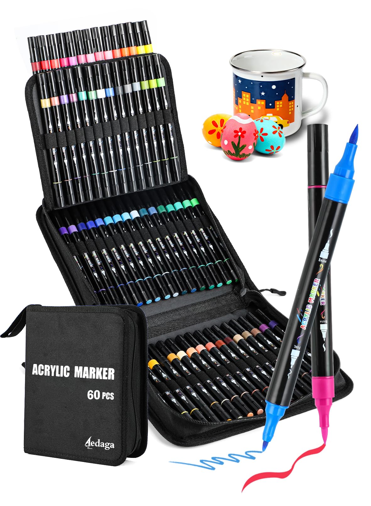 Fnooota 60 Colors Acrylic Paint Markers, Dual Tip Acrylic Paint Pens with Brush Tip and Fine Tip for for Adults, Eggs, Wood, Rock, Canvas, Plastic, Stone, Glass, Ceramic