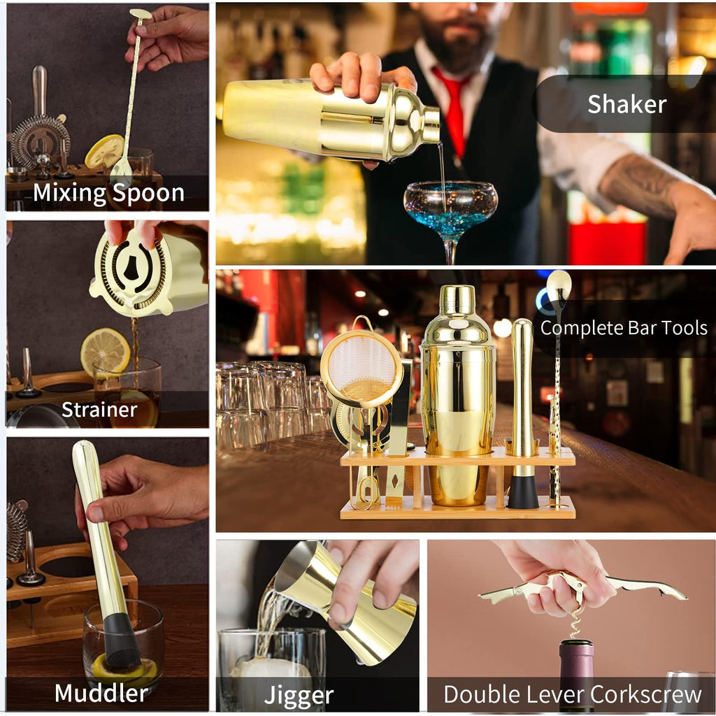 OBALY Bartender Kit 11-Piece Cocktail Shaker-Muddler for Cocktails 25oz Boston Shaker-Bar Accessories with Stylish Bamboo Stand Mix Drink Shaker kit Perfect Martini kit with Cocktail Recipes Booklet