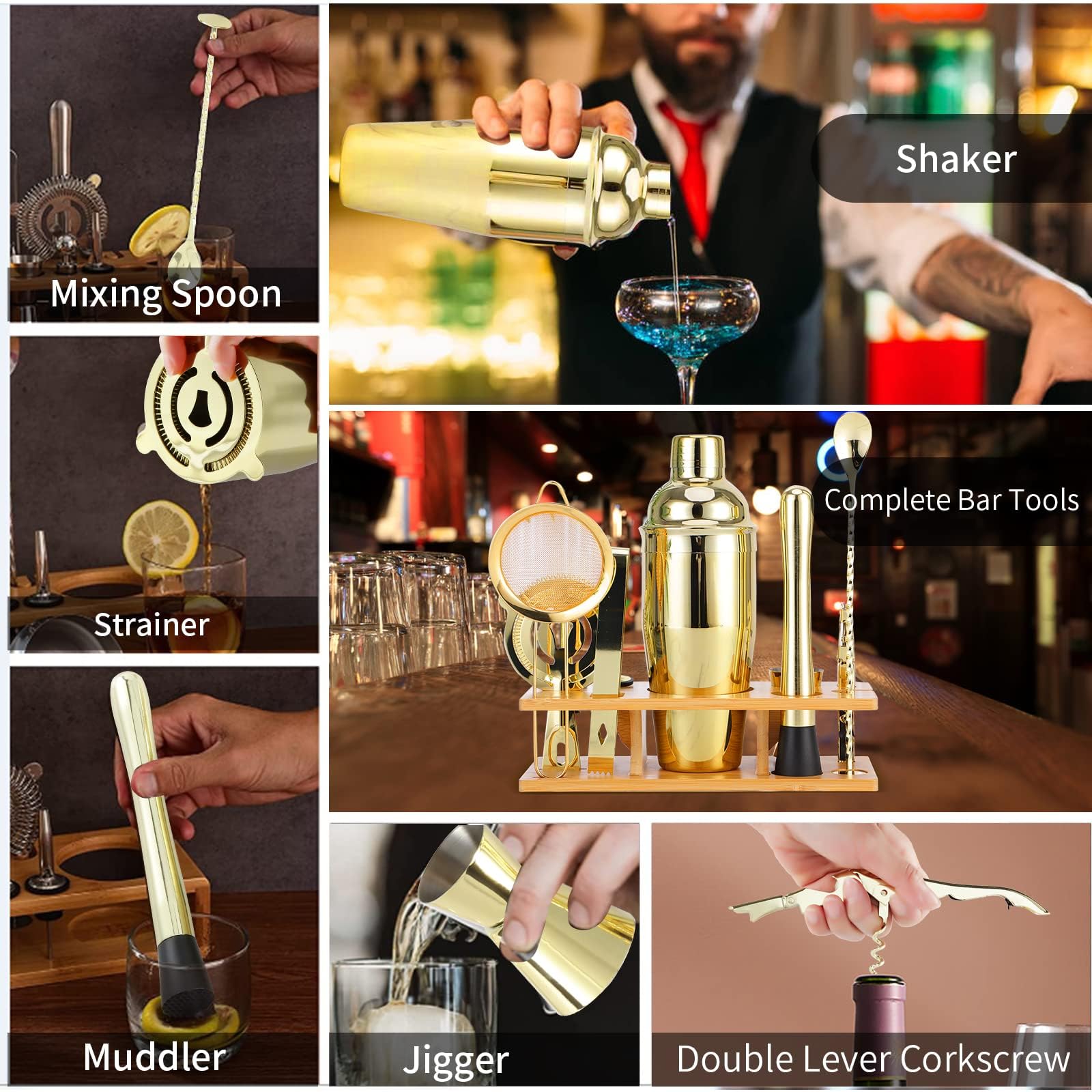 OBALY Bartender Kit 11-Piece Cocktail Shaker-Muddler for Cocktails 25oz Boston Shaker-Bar Accessories with Stylish Bamboo Stand Mix Drink Shaker kit Perfect Martini kit with Cocktail Recipes Booklet