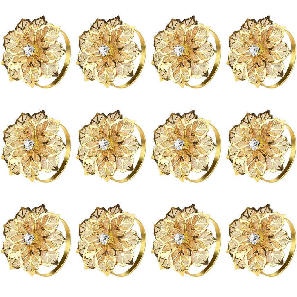 KPOSIYA Set of 20 Napkin Rings, Metal Gold Hollow Out Flower Napkin Ring Holder for Wedding Party Holiday Banquet Christmas Dinner Delicate Serviette Buckles Decor Favor (20, Flower-Gold)