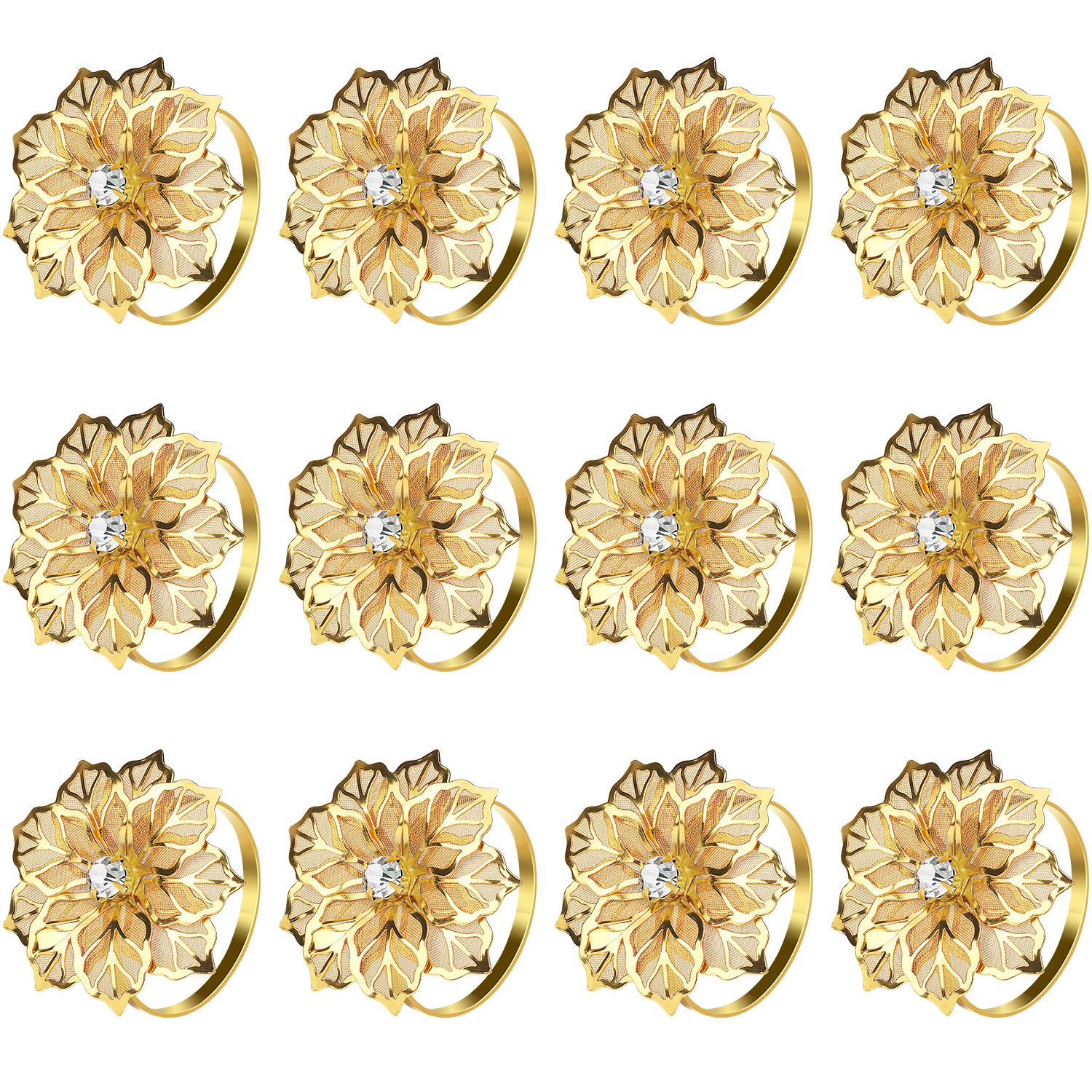 KPOSIYA Set of 20 Napkin Rings, Metal Gold Hollow Out Flower Napkin Ring Holder for Wedding Party Holiday Banquet Christmas Dinner Delicate Serviette Buckles Decor Favor (20, Flower-Gold)