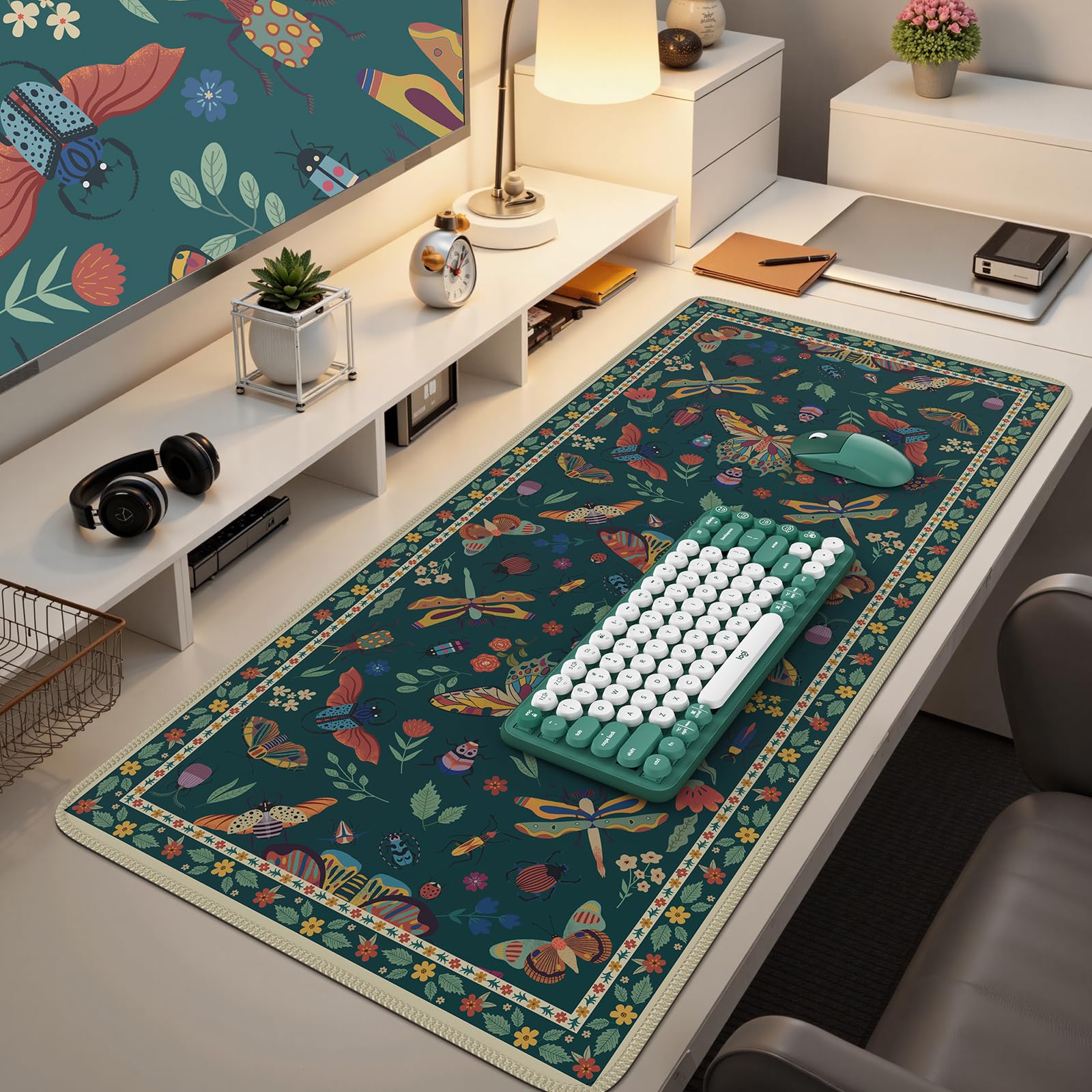 iCasso Cute Desk Matt for Desktop,Non-Slip Large Gaming Mouse Pad XXL,Anti-Slip Big Computer Mat with Stitched Edges,Soft Keyboard Pad for Office Home School (Green)