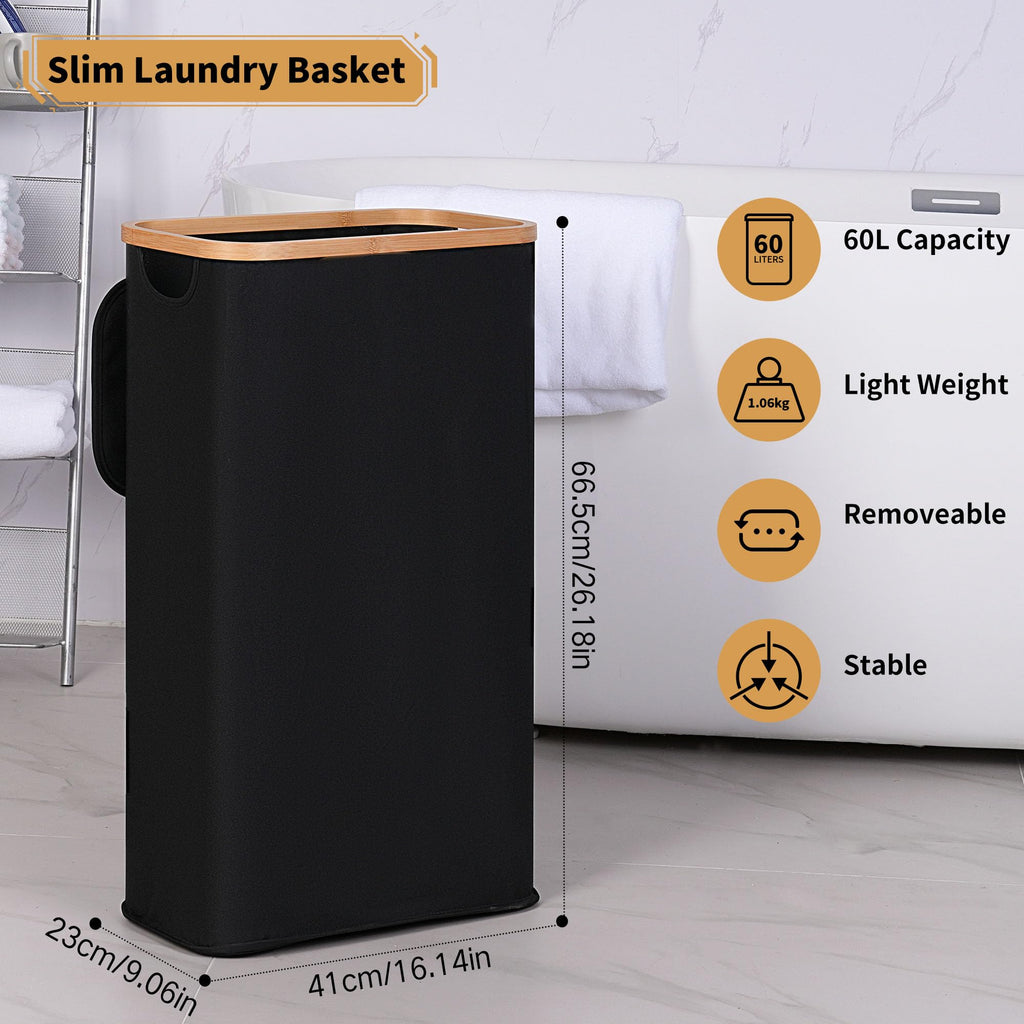 iEGrow 60L Slim Laundry Hamper with Lid Hampers for Laundry,Narrow Laundry Basket with Removable Inner Bag & Bamboo Handles Tall Thin Clothes Hamper for Clothes Toys Towels Organization（Black）