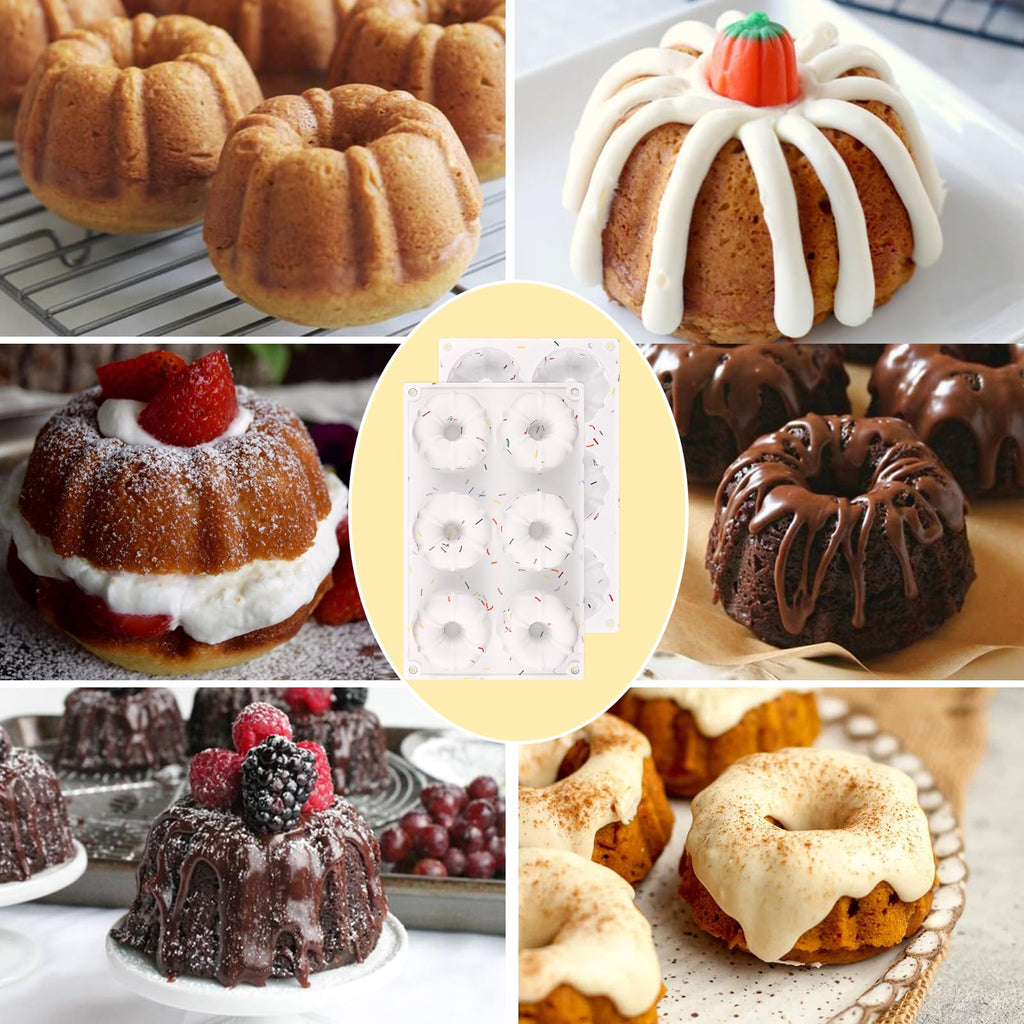 HUAKENER 2 Pcs Mini Fluted Cake Pan, 6-Cavity Fluted Tube Cake Pan, Non-stick Silicone Baking Mold for Cupcakes, Donuts, Muffins, Cornbread, Brownies, Jellies