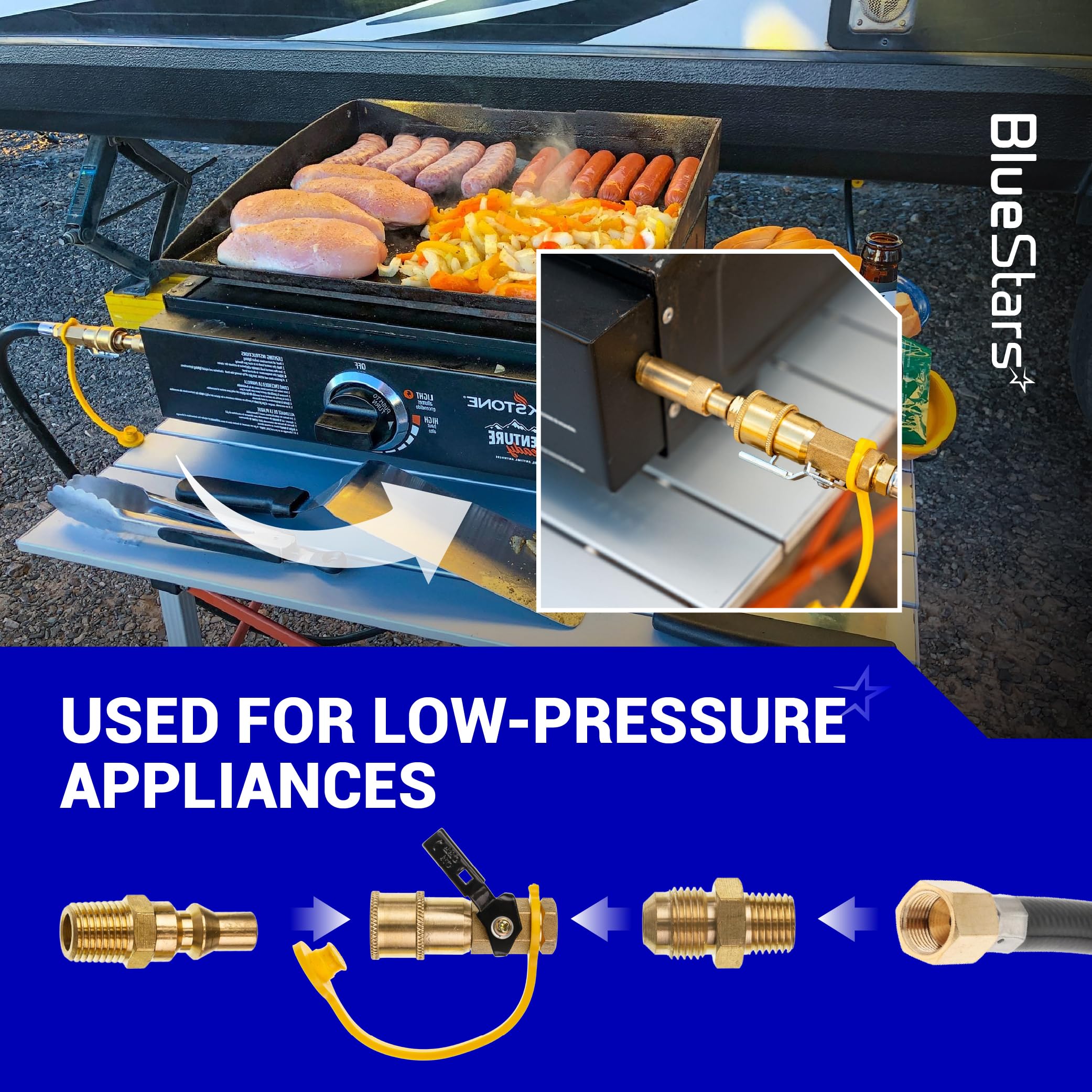 [100% Solid Brass] BlueStars 1/4" RV Propane Quick Connect Fittings Kit - Natural Gas Quick Connect Disconnect Kit, 1/4" Male NPT & 3/8" Male Flare - for Gas Heater Grill Fire Pit, RV Quick Connect