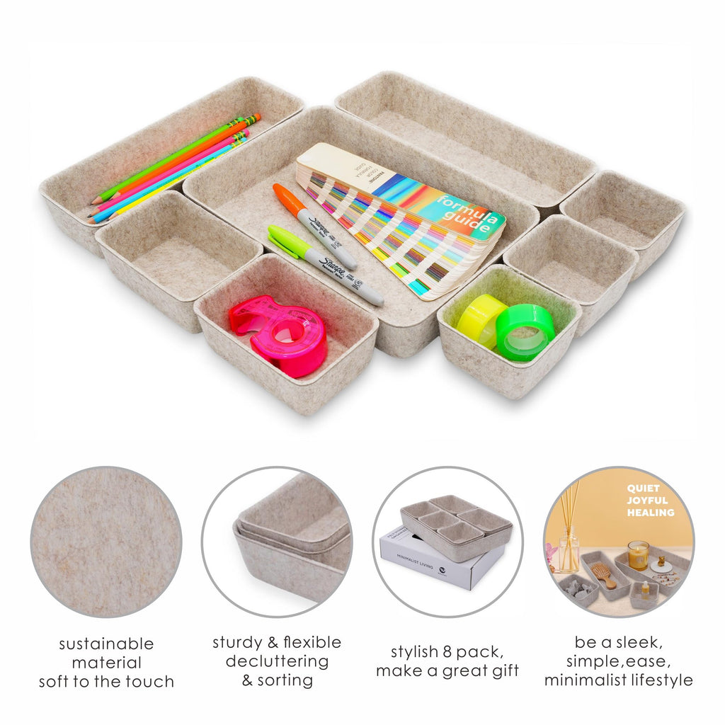 Welaxy 8-piece Nordic Beige desk drawer organizer tray office suppliers pens decluttering aesthetic wabi-sabi Scandinavian-chic storage bin hygge sleek minimalist fall gift (Oatmeal)