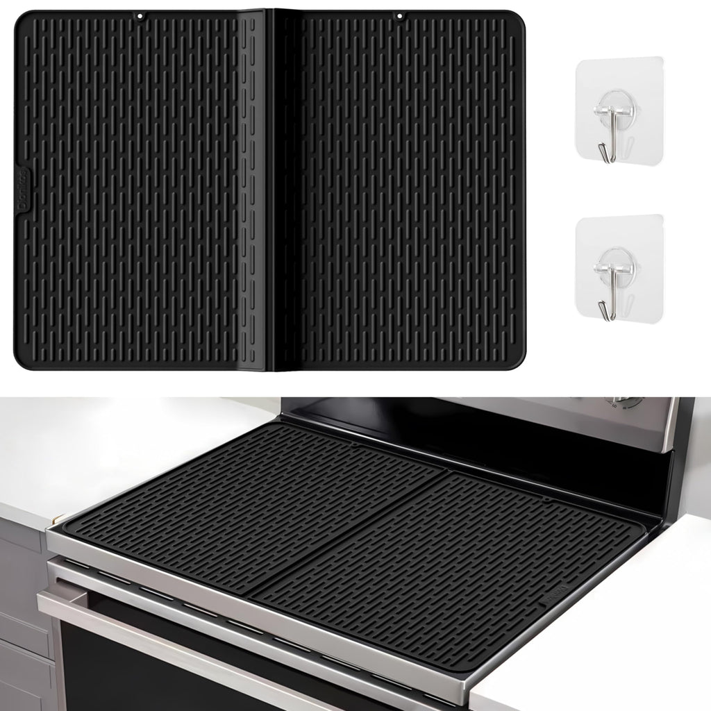 Thick Foldable Silicone Stove Top Cover – 50 × 71 cm (20 × 28 in) Stove Top Covers for Electric Stove, Induction Cooktop Protector, Glass Top Stove Cover, RV Stove Top Cover & Dish Drying Mat (Black)