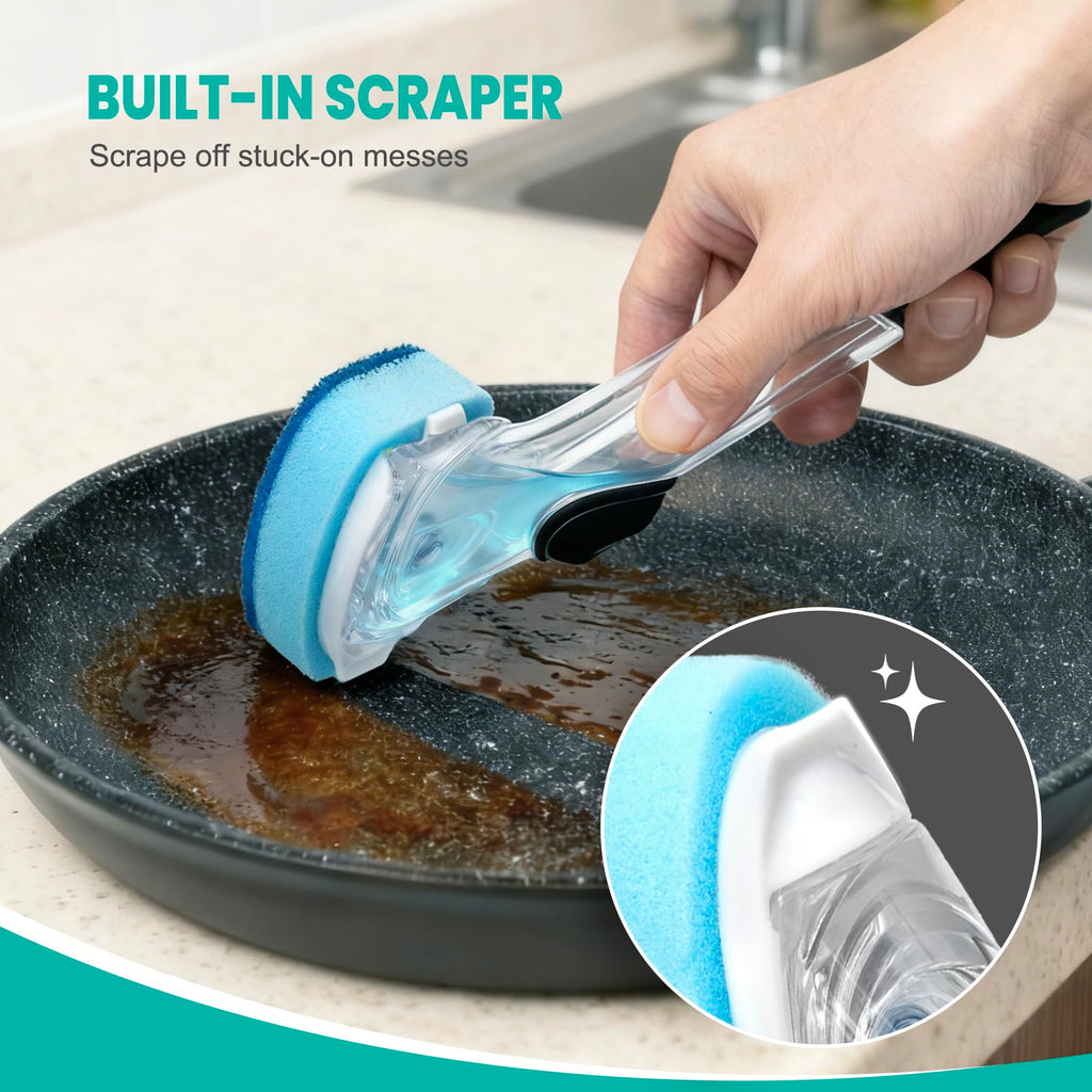 HELIME Dishwand Refills, Non-Scratch Replacement Sponge Heads for Dish Wand, Leak-Proof Handle with Heavy-Duty Scrubbers, Universal Compatible Soap Dispensing Brush for Kitchen, Bathroom Cleaning