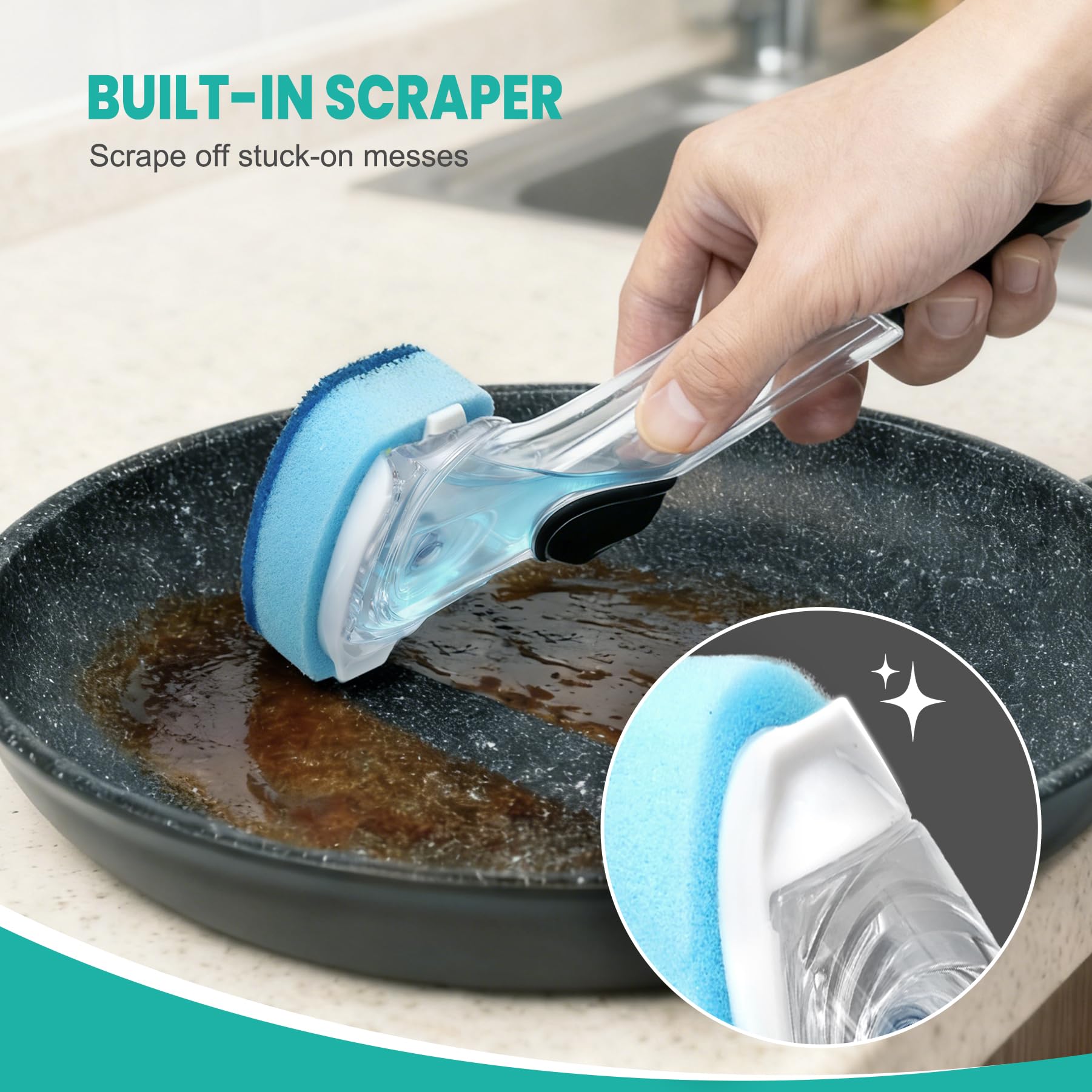 HELIME Dishwand Refills, Non-Scratch Replacement Sponge Heads for Dish Wand, Leak-Proof Handle with Heavy-Duty Scrubbers, Universal Compatible Soap Dispensing Brush for Kitchen, Bathroom Cleaning