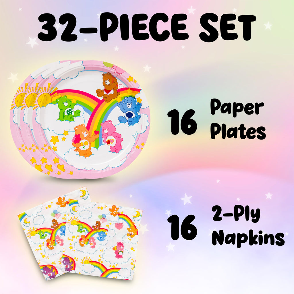Silver Buffalo Care Bears We Love Rainbows Group Clouds 32ct Paper Napkin and Plate Party Pack