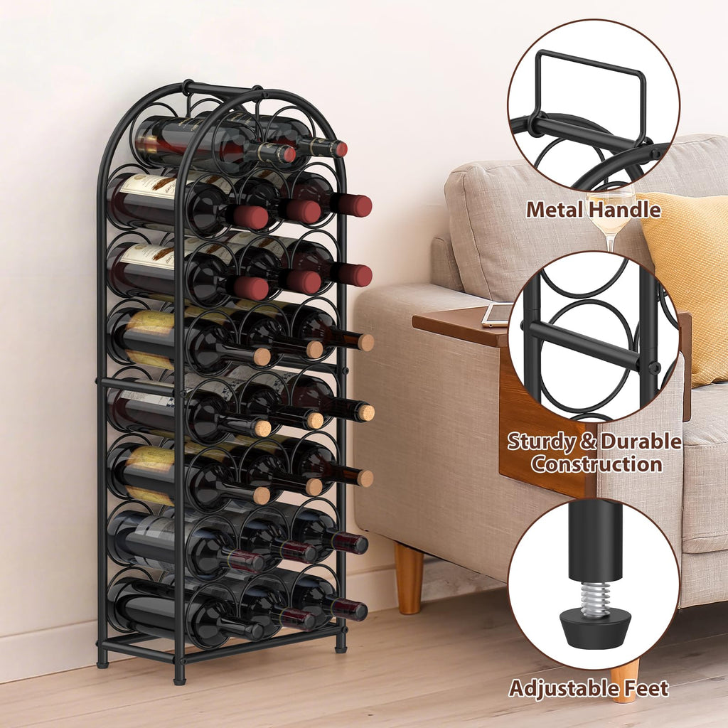 KANEODOT 23-Bottle Freestanding Wine Rack with Handle, 82cm Tall Metal Wine Holder with Adjustable Feet, Storage Organizer and Display Rack for Bar, Kitchen, Pantry, Dining Room, Living Room, Black
