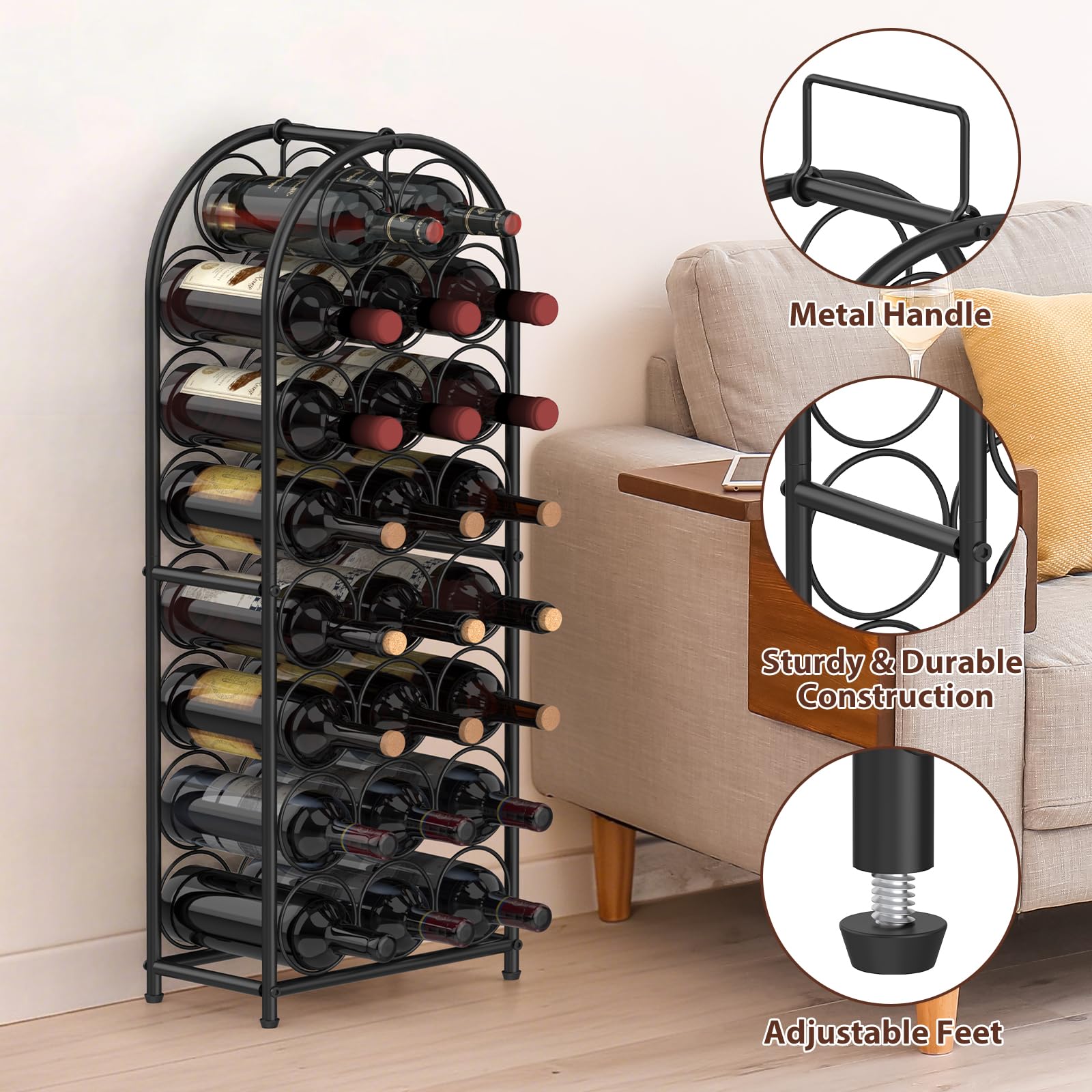 KANEODOT 23-Bottle Freestanding Wine Rack with Handle, 82cm Tall Metal Wine Holder with Adjustable Feet, Storage Organizer and Display Rack for Bar, Kitchen, Pantry, Dining Room, Living Room, Black
