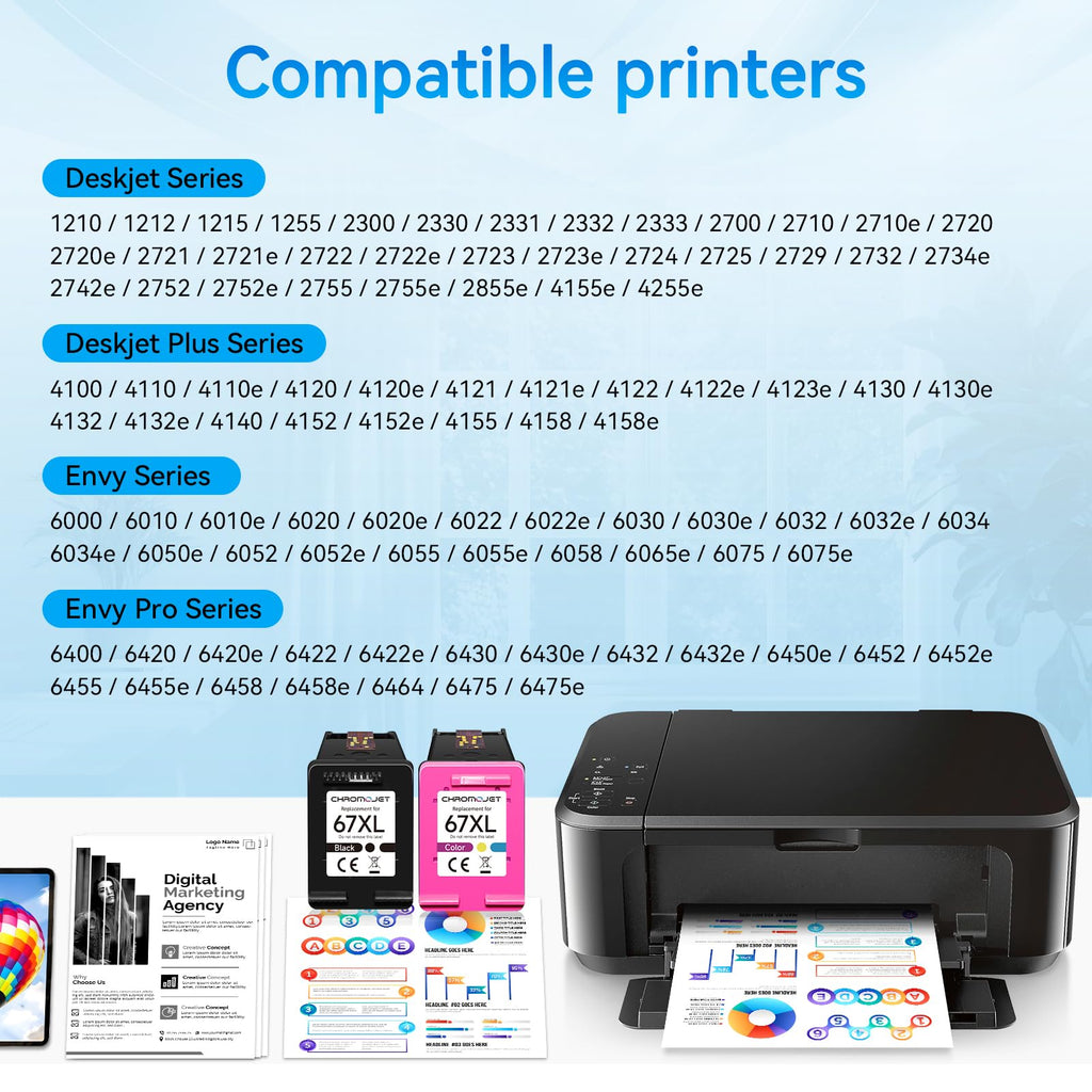 Chromojet 67XL Ink Cartridges Black/Color Combo Pack Compatible for HP Ink 67 67XL Printer Ink 67 Fit for DeskJet 4155e 2855e 2755e 2700 2700e 2800e 4100 Envy 6055e 6455e 6000 6400 Printer