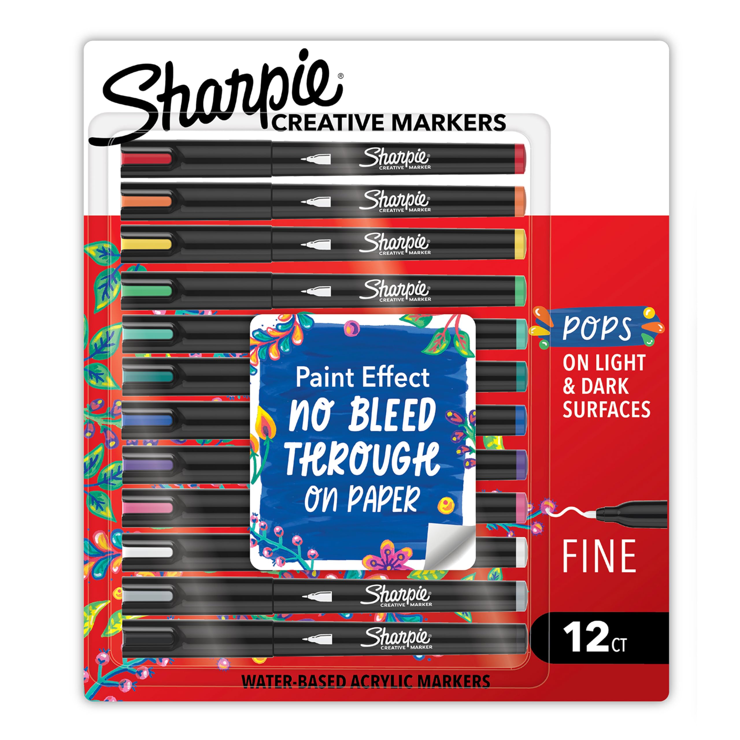 Sharpie Creative Markers, Water-Based Acrylic Paint Markers, Fine Tip, Assorted, 12 Count