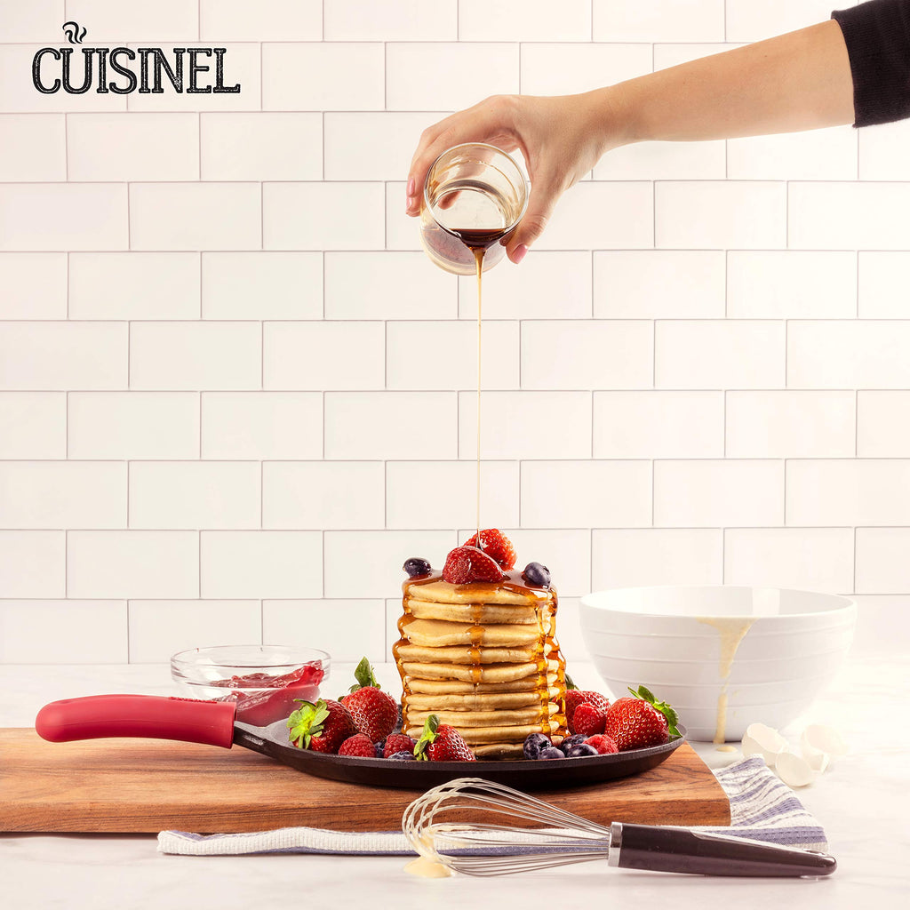 Cast Iron Round Griddle – 10.5” Crepe Pan - Pre-Seasoned Skillet with Silicone Handle Grip – Grill, Oven, Stove Top and Induction Safe