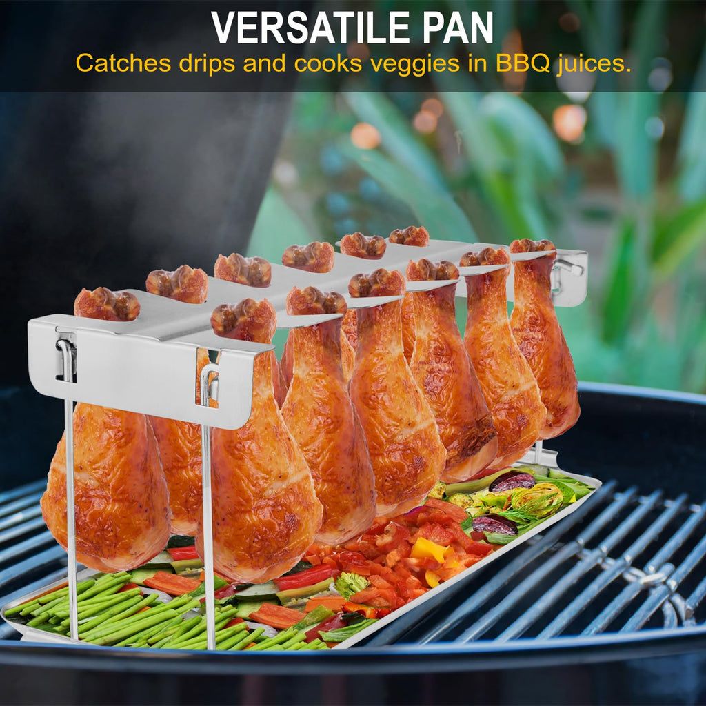 Chicken Leg Rack for Grill with Drip Tray - 12 Slots Drumstick Rack for Smoker, BBQ, and Lollipop Holder - Premium Stainless Steel Chicken Drumstick Holder for Roasting and Smoking