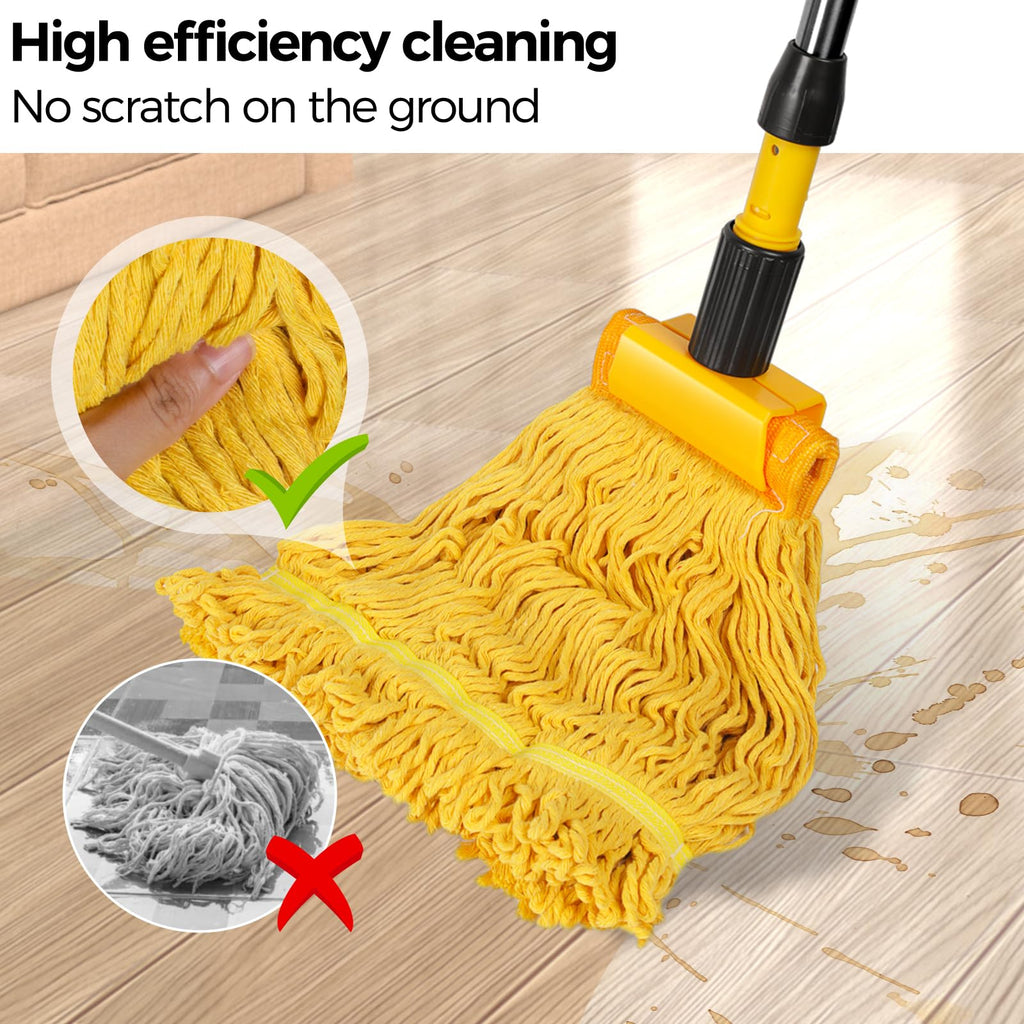Almcmy Commercial Mop, Heavy Duty Industrial Mop with 2 Replacement Heads, 57" Long Handle, Looped-End String Wet Mops for Floor Cleaning, Janitorial Mops for Home Kitchen Garage Workshop Warehouse