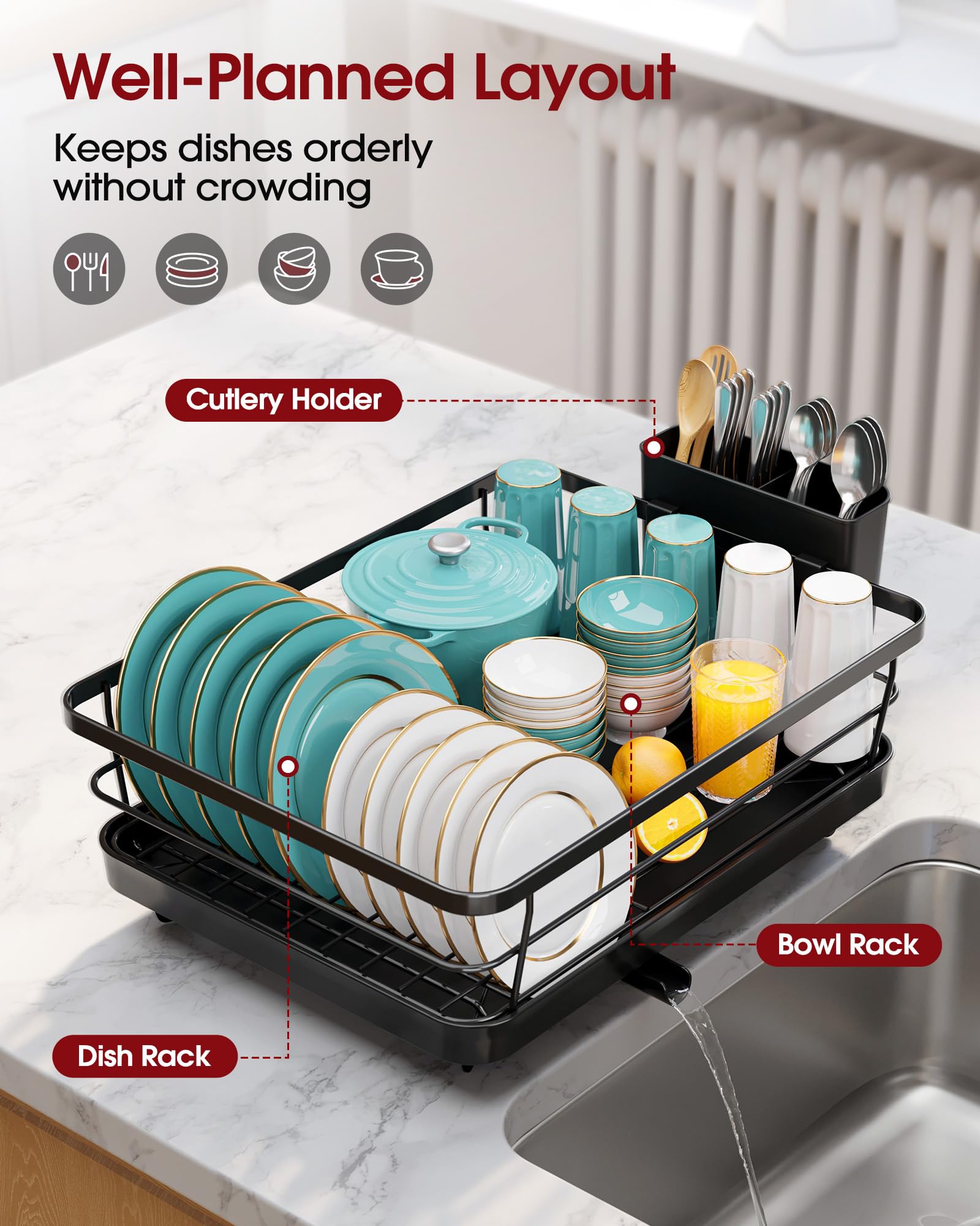 Sakugi Dish Drying Rack - Compact Dish Racks with Drain Board for Kitchen Counter, Durable Stainless Steel Dish Rack Used in Sink & on Countertop, Dark Black, Large