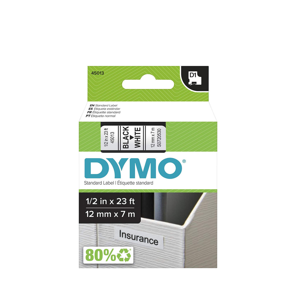 DYMO D1 Standard Labels for LabelManager Label Makers, 1/2" x 23-Foot, Black Print on White Tape, Self-Adhesive, 1 Cartridge