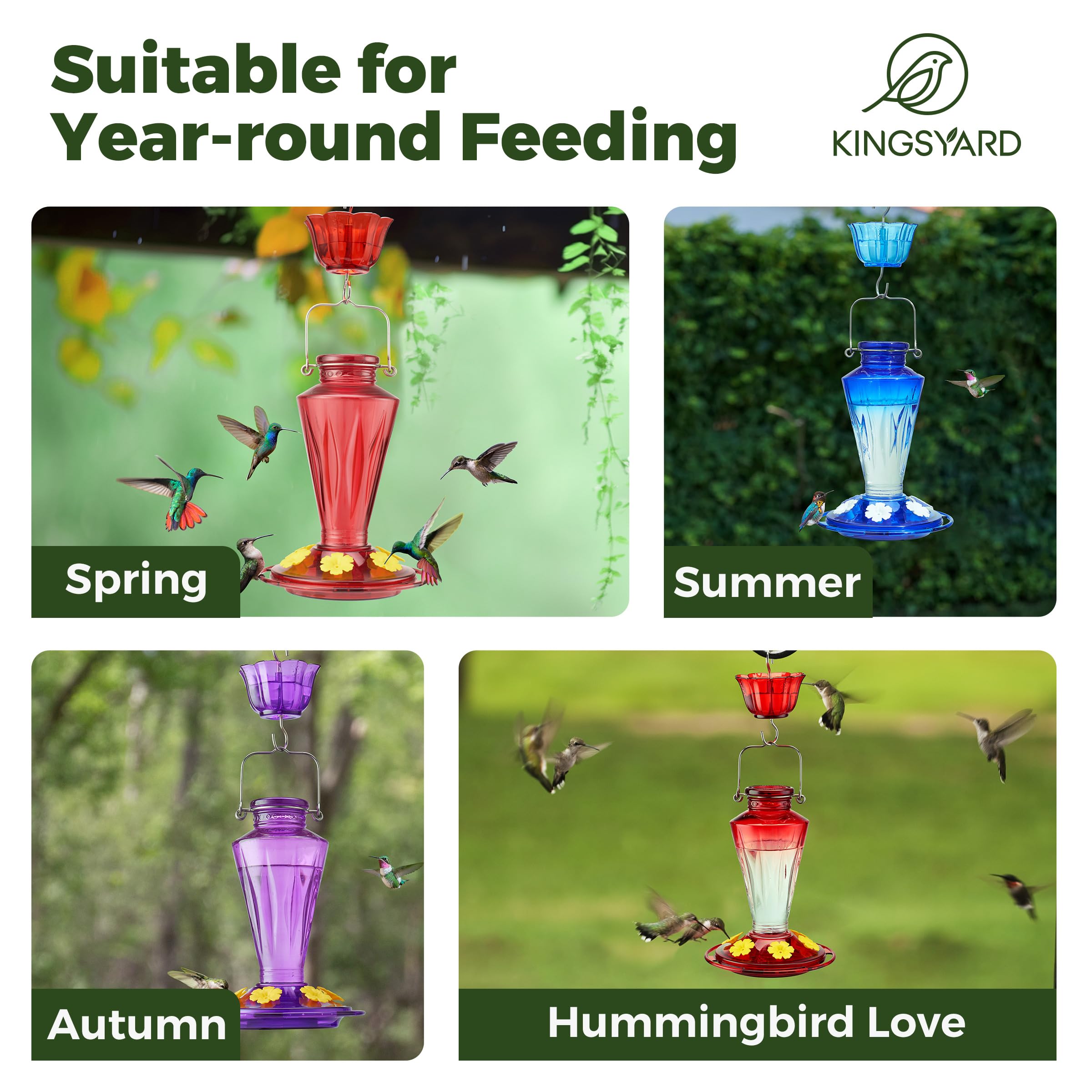 Kingsyard Glass Hummingbird Feeders for Outdoors Hanging Ant & Bee Proof, 16 Ounces Bird Nectar Feeder 6 Flower Feeding Ports, Leak Proof, Easy to Refill & Clean, Ant Moat Included, Red