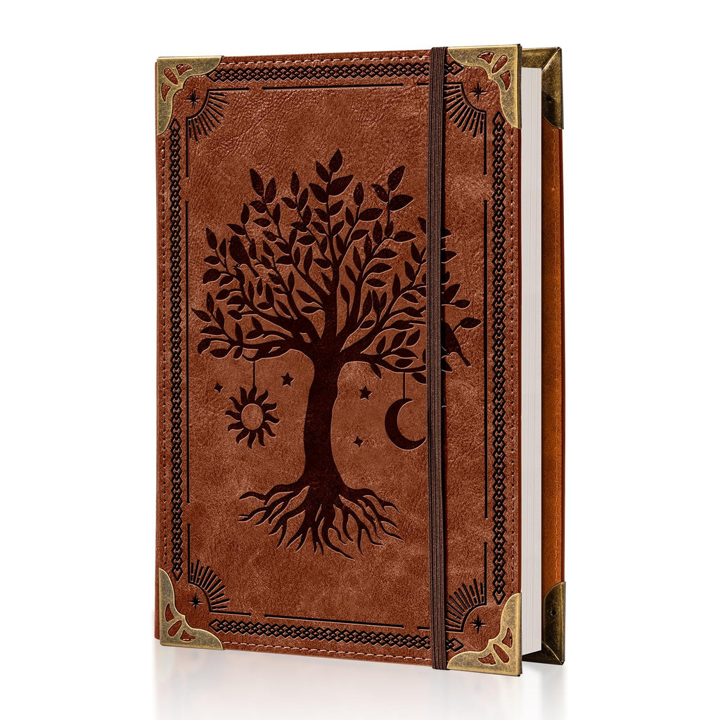 Ovesmusl PU Leather A5 Binder 6 Ring Refillable Journal 100 GSM 240 Pages Refill Paper Include A5 Planner Binder Loose Leaf Binder Notebook 5.7”x8.3”, Brown Tree