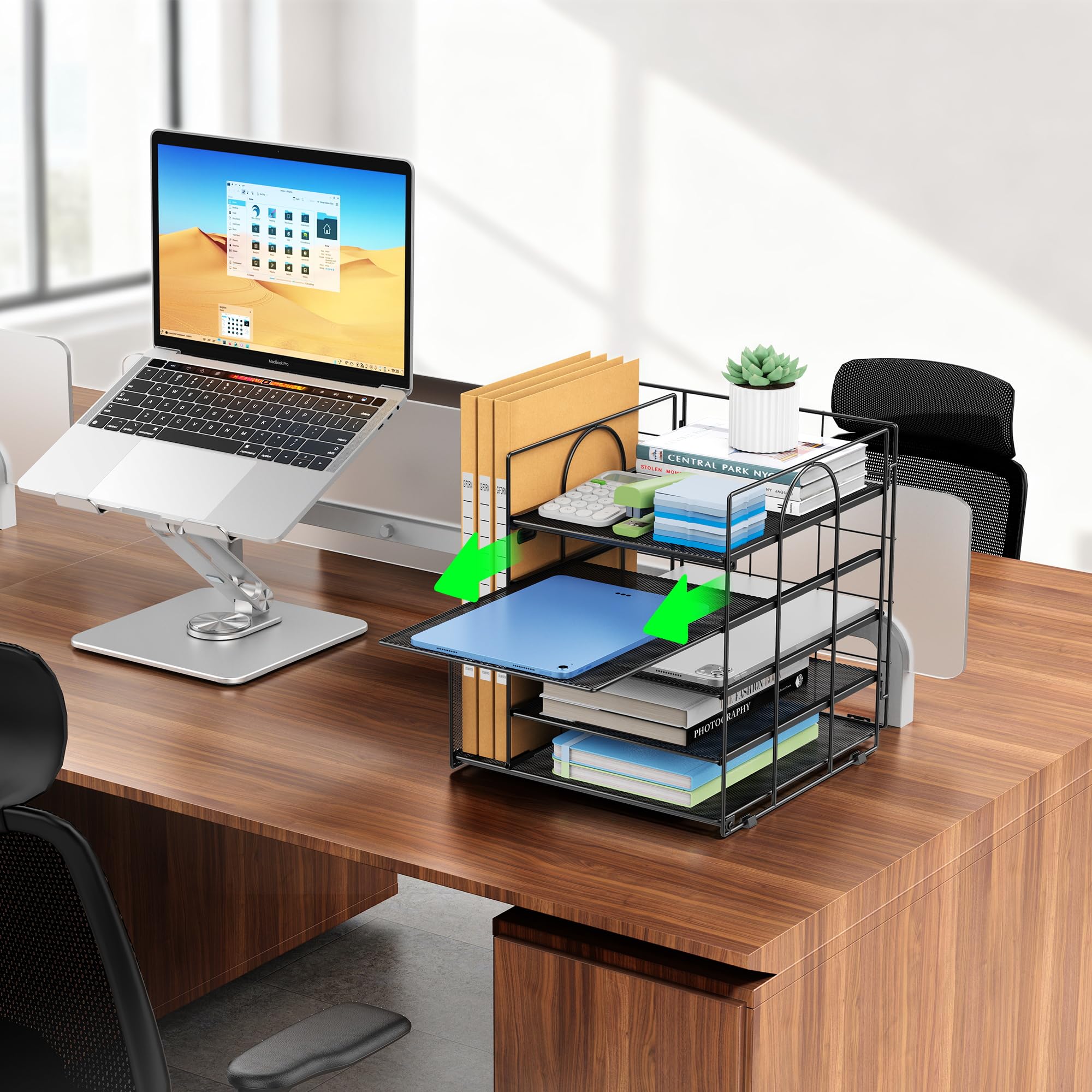 Auvo ADO04 Metal Mesh Desk Organizer, 5-Tier Paper Letter Tray with File Holder, Vertical Magazine/File Holder, Desktop Organizer for Office Supplies, Black