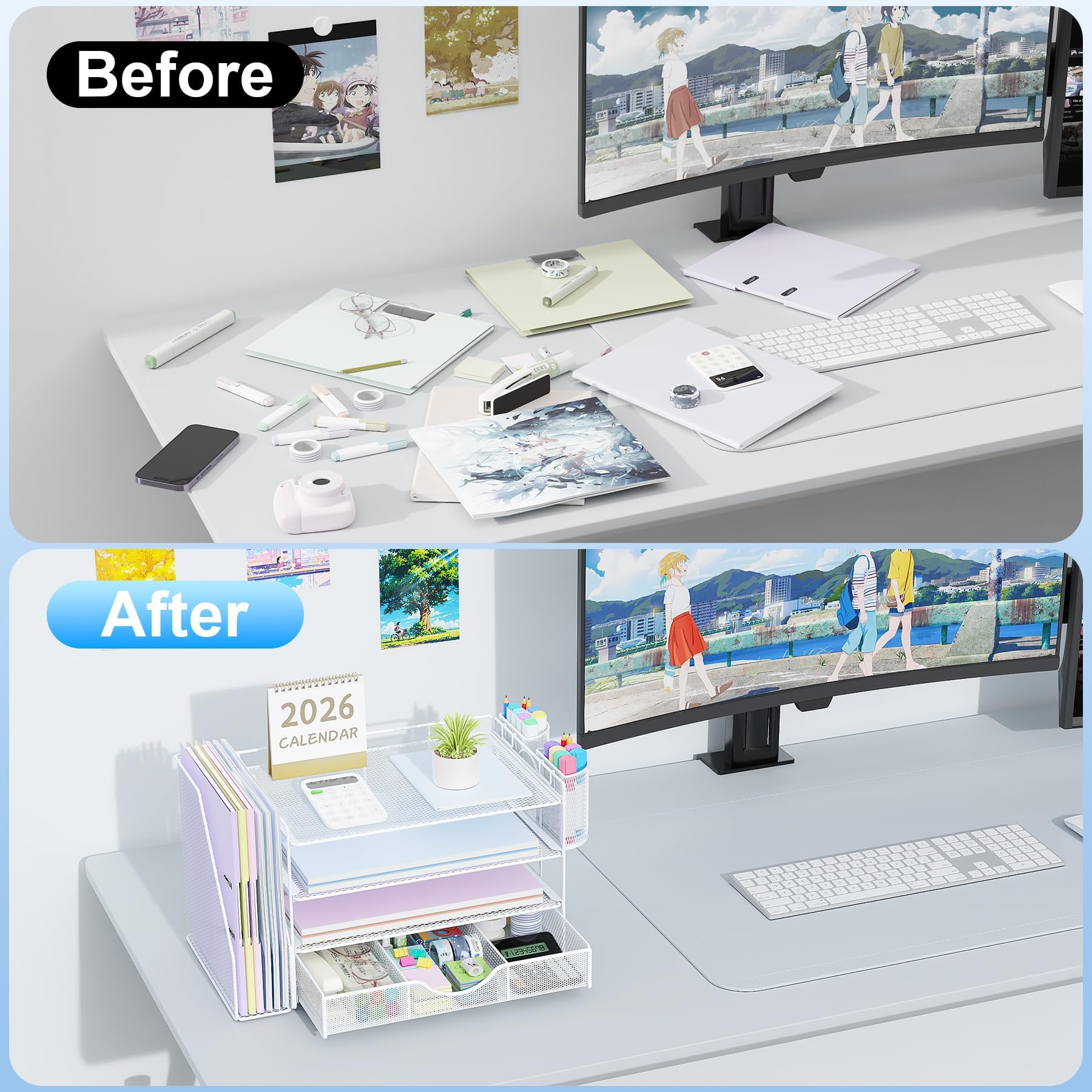 Desk Organizer with File Holder, 4-Tier Paper Tray with Drawer and 2 Pen Holders, Mesh Office Desk Accessories with Magazine File Holder, Desk Tidy for Office Supplies (White)