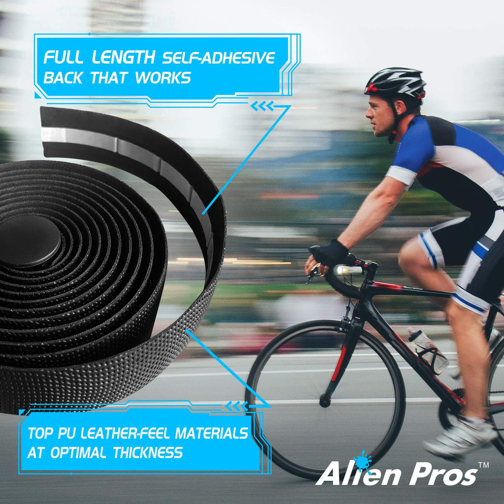 Alien Pros Bike Handlebar Tape PU (Set of 2) Black - Enhance Your Bike Grip with These Bicycle Handle bar Tape - Wrap Your Bike for an Awesome Comfortable Ride (Set of 2, Black)