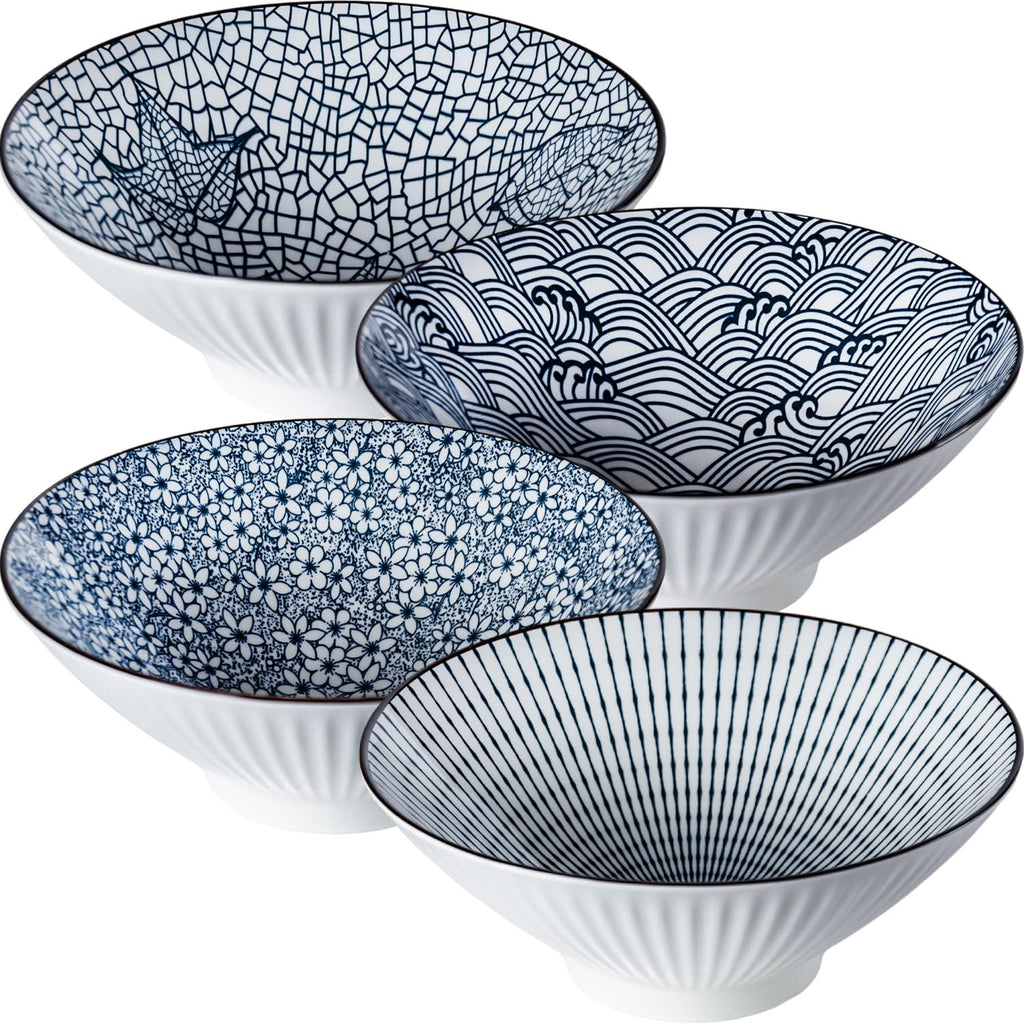 Dyware 38 oz Japanese Ramen Bowls Set of 4, Large Pho Bowls, 8 Inch Ceramic Blue and White Soup Bowls, Mixing Pattern